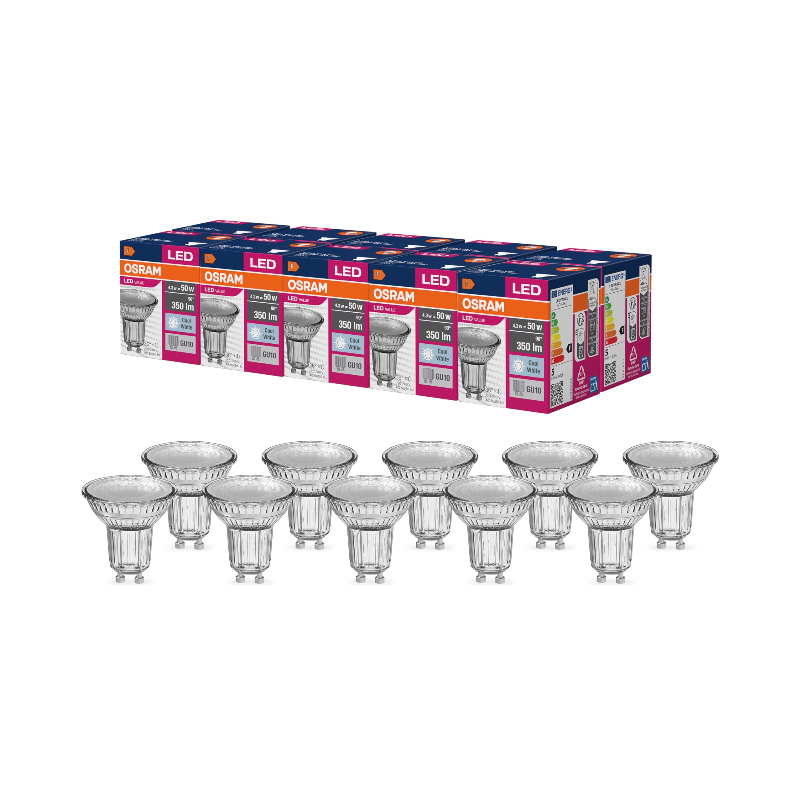 Osram LED Star Value PAR16 LED Lampe für GU10 Sockel, Reflektor-Lampe, GL, 350 Lumen, kaltweiß (4000K), Ersatz für herkömmliche 50W Glühbirnen, nicht dimmbar, 10er-Pack