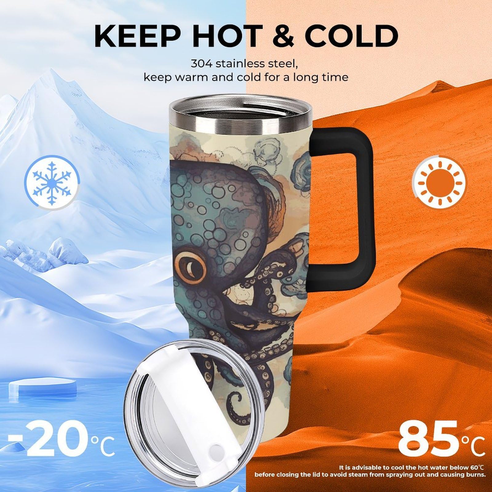 Retro-Oktopus-Tassen mit Strohhalm und Griff, doppelwandige Vakuumisolierung, Wasserflaschen für Eiskaffee, Tee, heiße und kalte Getränke