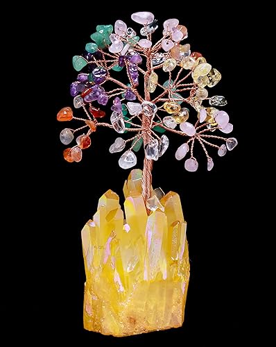 Crocon Árbol de dinero con piedras preciosas de siete chakras con base de citrino y titanio, bonsái de Feng Shui, figura de adorno, equilibrio de