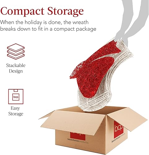 Miniatura 55 de Best Choice Products 48in Pre-Lit Outdoor Christmas Wreath Decoration, LED Metal Holiday Decor for Home w/ 140 Lights, Bow - Green/Red