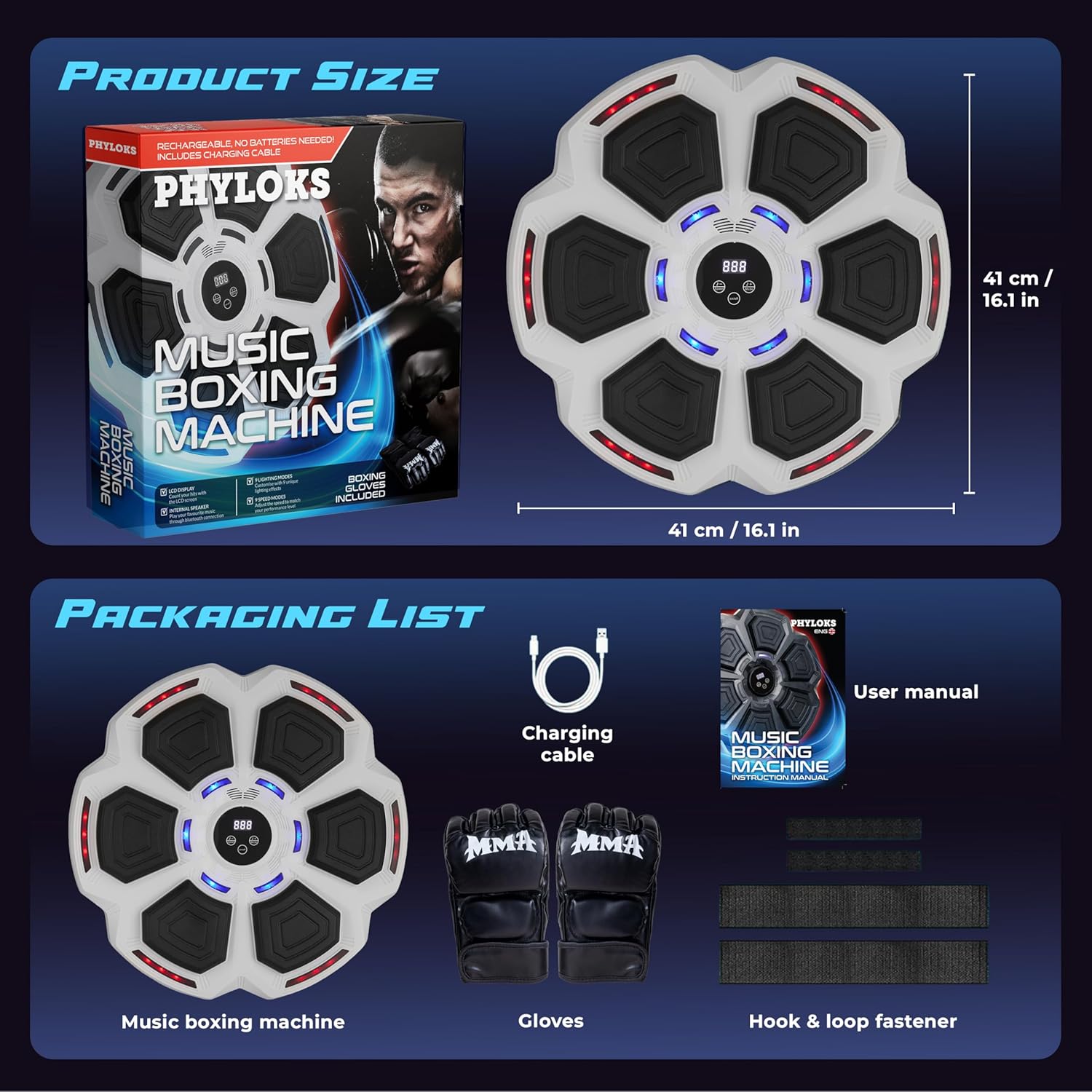 PHYLOKS™ Music Boxing Machine with Gloves, 9 Speeds & 9 Modes, Bring The Boxing Arena Home with Smart Reflex Lights, Music Punching Trainer for Home Fitness & Fun - Image 3