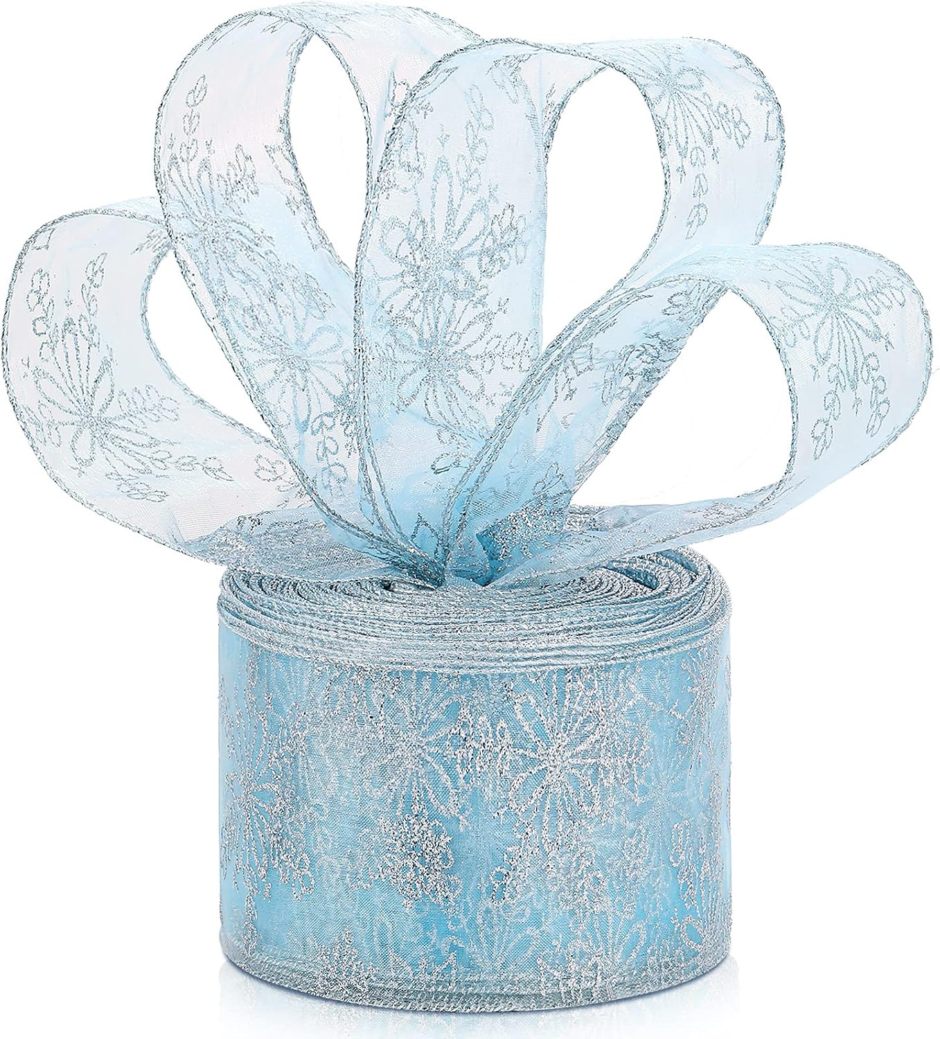 6.3 cm in Width Organza Ribbon Snowflake Wired Sheer Glitter Ribbon with Spool for Gift Wrapping, Christmas Party Decoration (Light Blue, 20 m)