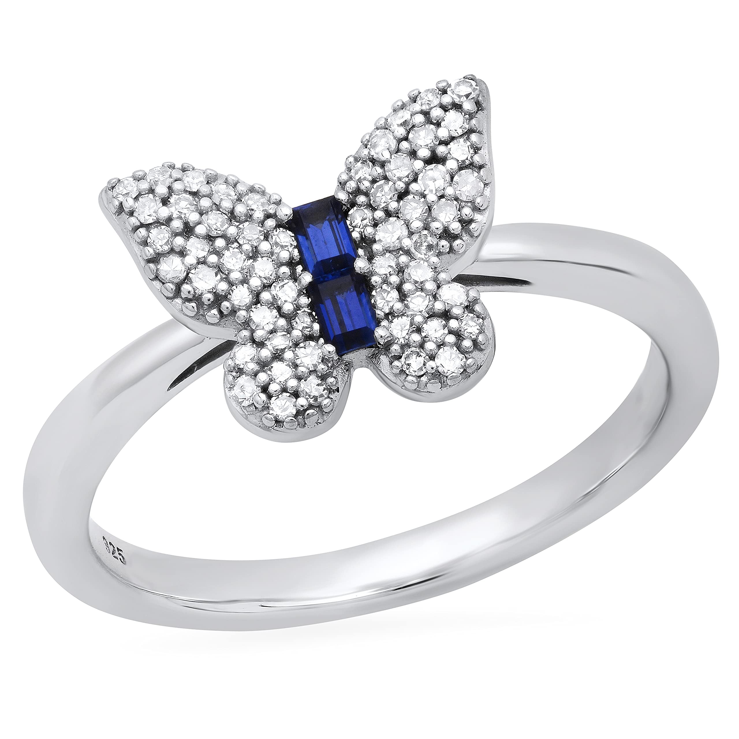 Emerald Lab Created Blue Sapphire & Round White Natural Diamond Butterfly Cocktail Right Hand Ring for Women in 925 Sterling Silver