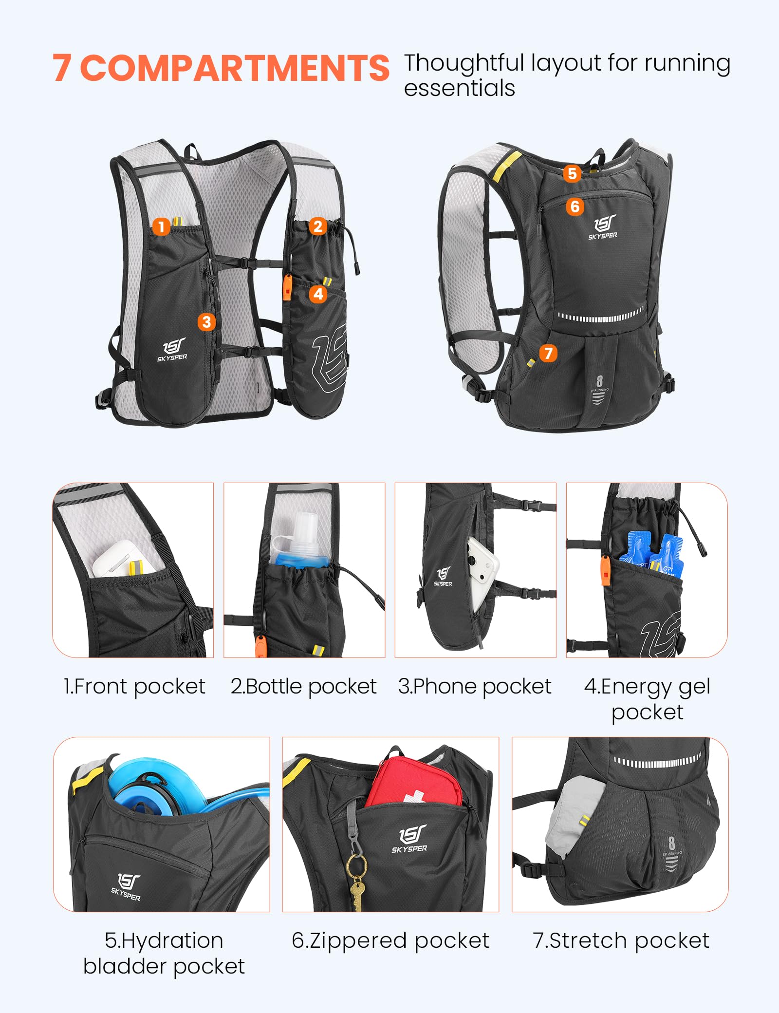 SKYSPER Chaleco de Hidratación Running 5L | Chaleco Ligero con Botella 500ML y Diseño Reflectante para Trail Maratón y Senderismo