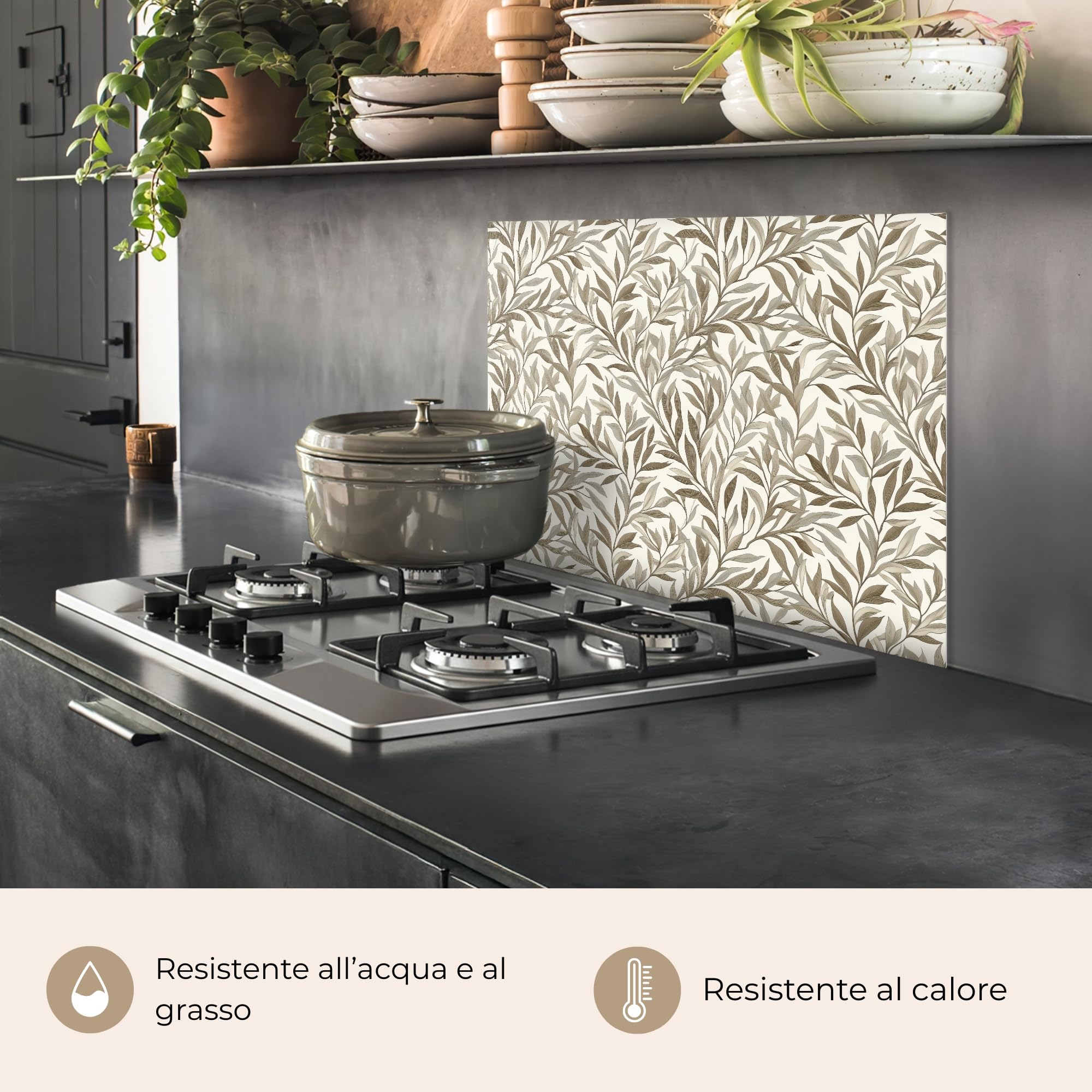 KitchenYeah© Paraschizzi Cucina Adesivo 50x70 cm Pannello Parete Paraspruzzi Lavandino Decorativo Rami - Botanico - Taupe