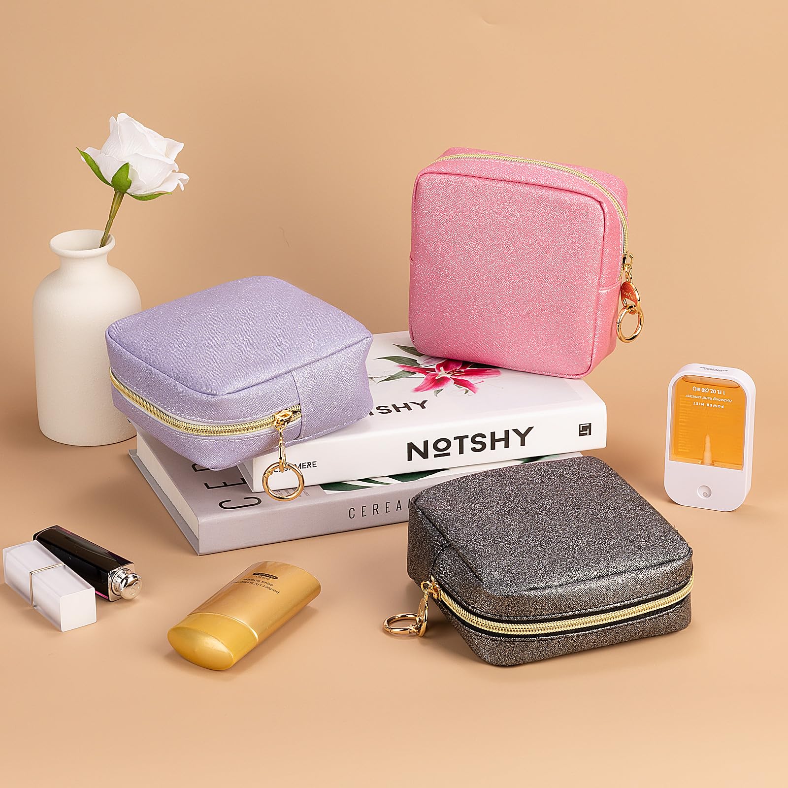 Beauty Case da Viaggio Trousse Trucchi Donna Pochette in Pelle Brillantini Borsa per Cosmetici Organizer Borse Makeup Trucco Organizer Portatile Accessori Viaggio per Ragazza Donna Compleanno(Rosa)