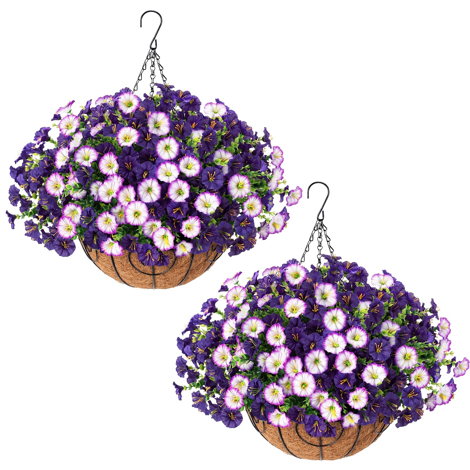 Photo 1 of 2 Set Artificial Hanging Flowers with Basket for Outdoor, 2 Hanging Planters with 28Pcs Realistic UV-Resistant Silk Morning Glory for Porch Patio Balcony Yard Spring summer Decoration?Purple White?