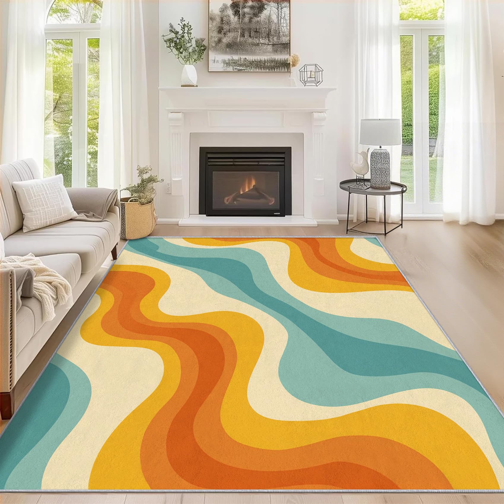 Générique Tapis Salon Rétro Vague, Style Années 60-70 Tapis Poil Ras Doux Antidérapant 140x200cm pour Chambre Salle à Manger Bureau, Décoration d'intérieur