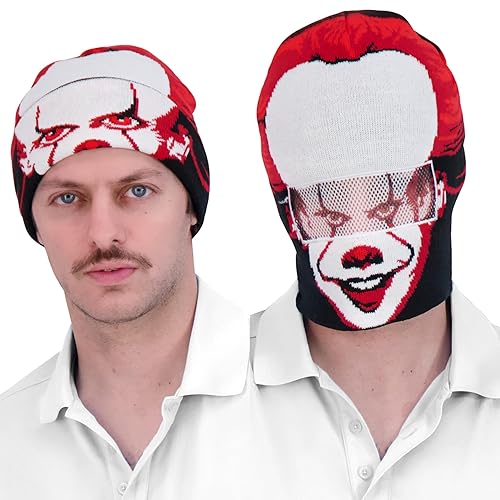 IT Pennywise Beanie Hat, Roll Down Mask Cuffed Adult Winter