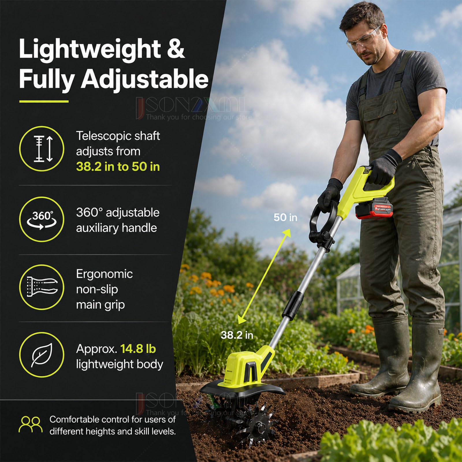 Cultivador Y Motoazada Eléctrica Inalámbrica para Jardín, con Batería Recargable 4.0 Ah Y Área De Trabajo De 9.84" De Ancho × 8.66" Profundidad; Motoazada Manual Ideal para Huertos 1battery