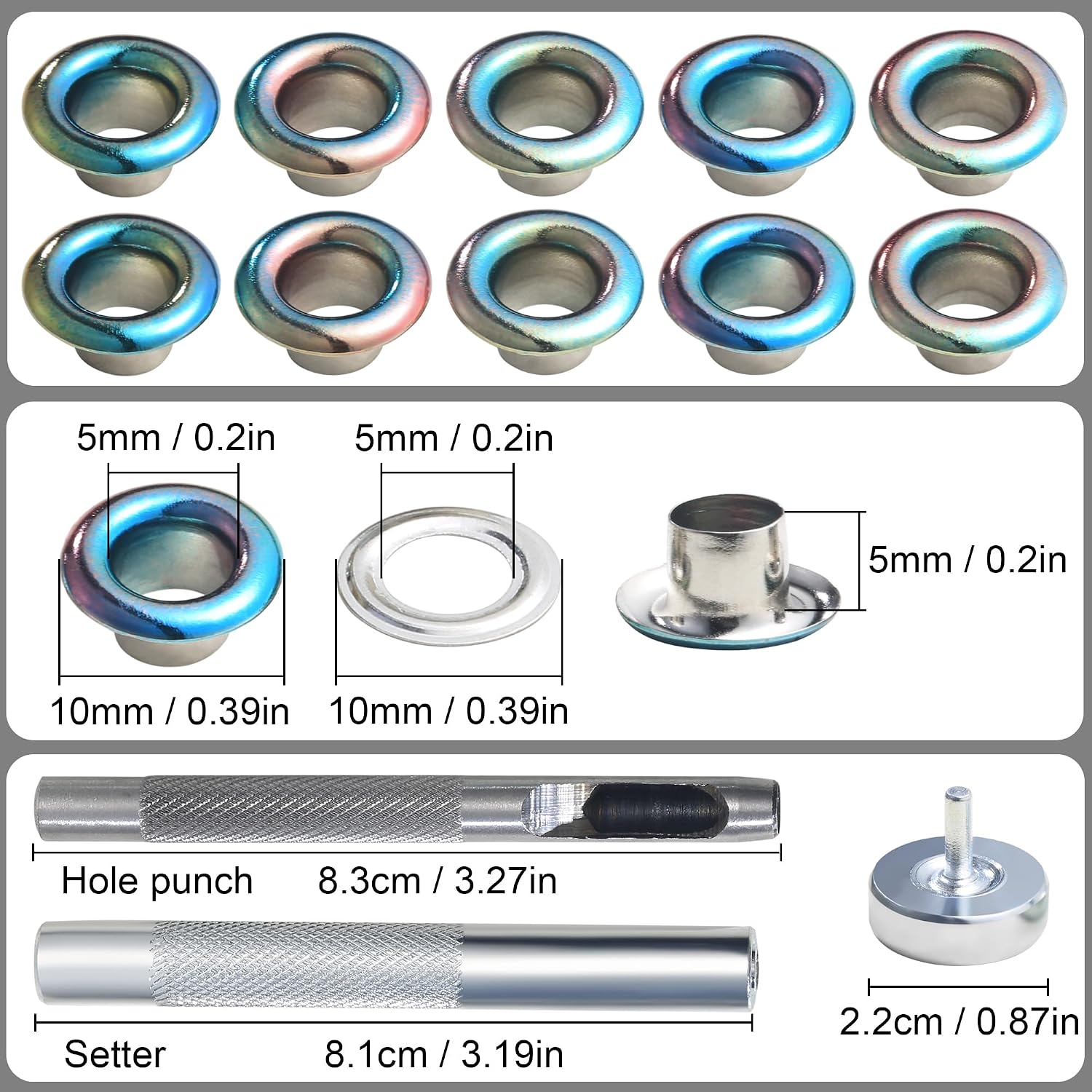 YORANYO 150Sets 5mm 3/16 Inch Grommets Eyelets Kit for Fabric AB Color Sewing Eyelets Grommets Washers with Setting Tools for Clothing Bags Shoes Belts Bags Dog Collars Curtain Tarps Canvas