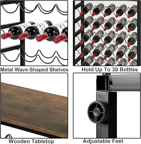 Miniatura 4 de Dripex Estante de vino para 30 botellas, estante de almacenamiento de vino de 6 niveles con mesa de madera, soporte de metal resistente para