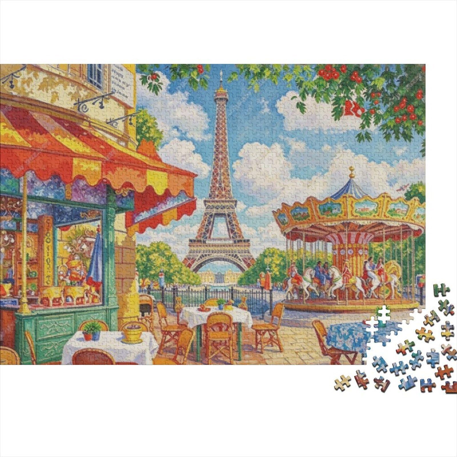 Eiffel Tower Art 1000 Piece Jigsaw Puzzle Premium Cardboard for Adults French Cafe Wall Decor Challenging Precision Cut Non-Toxic Glare-Free 38x26cm/1000pcs