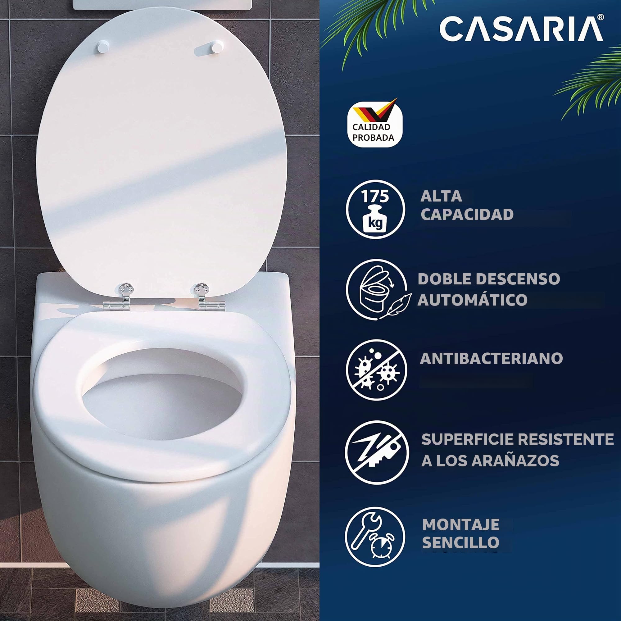 CASARIA Asiento Inodoro Automático Blanco Universal | MDF, 175Kg, Tapas, WC, Water, Tapadera, Cierre Suave, Doble, Accesorios, Baño, Antibacteriano, 45,7 x 38,0Cm