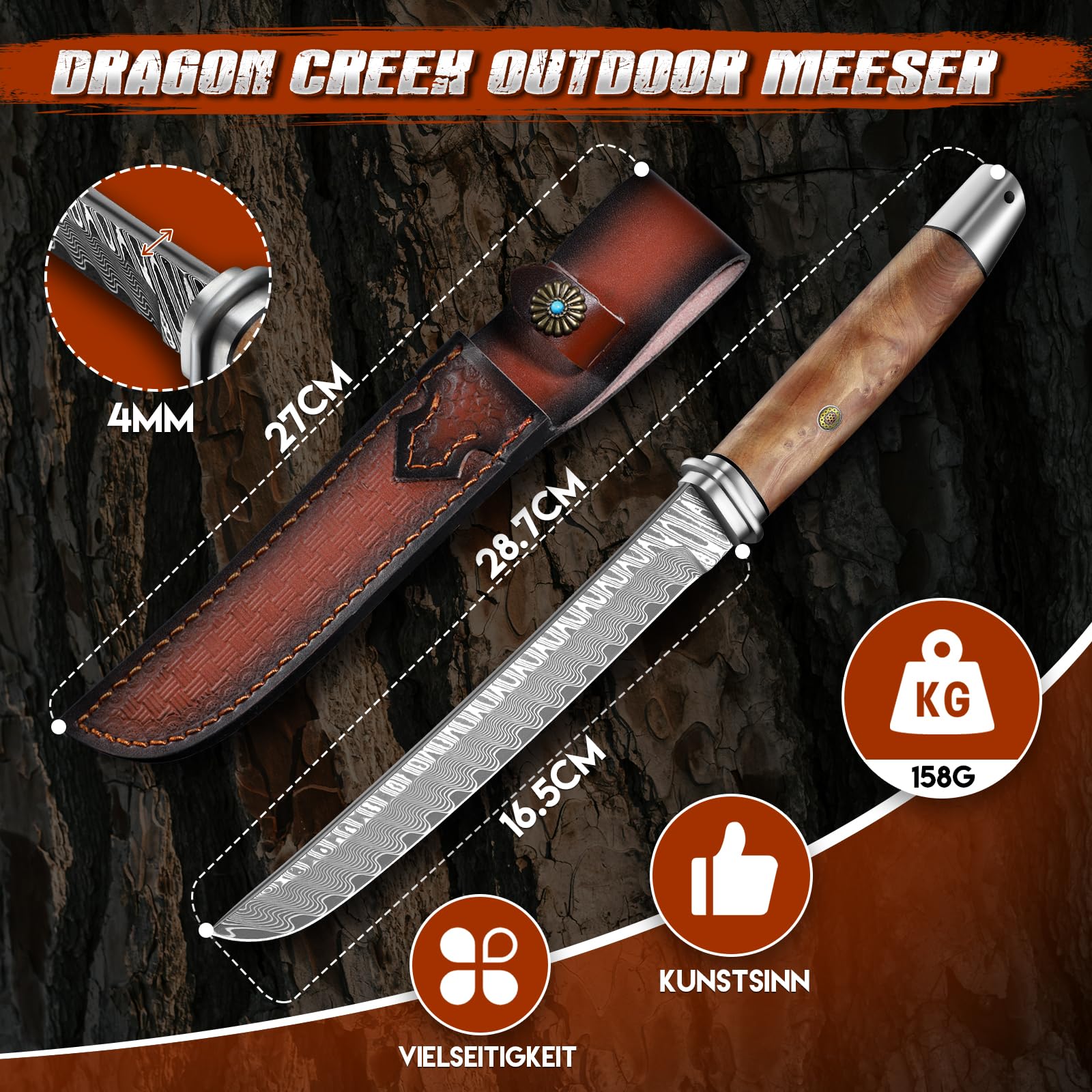 Dragon Creek Coltello da Esterno in Acciaio Damasco - Lama Fissa per Camping e Sopravvivenza, Lama Affilata in Acciaio di Alta Qualità