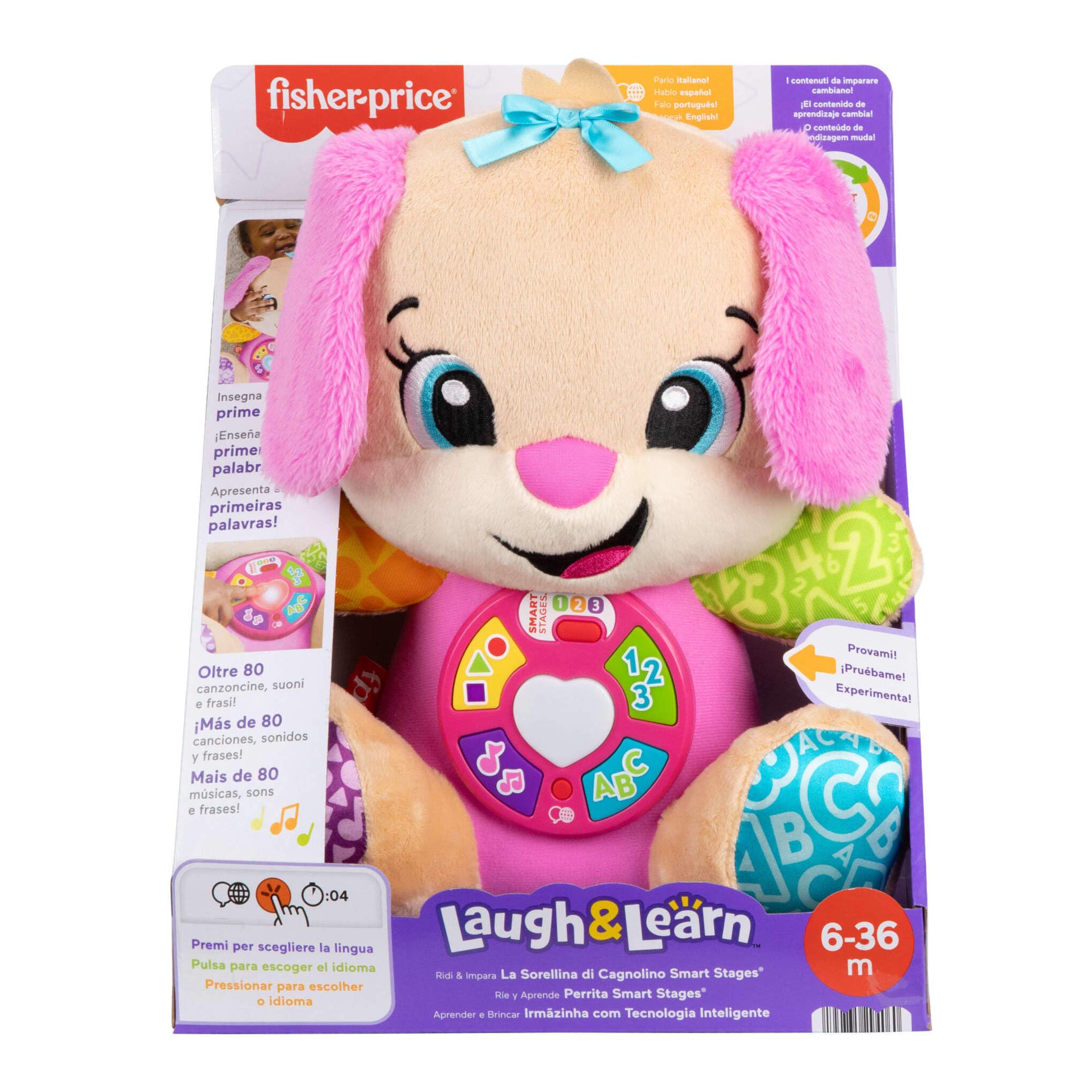 Fisher-Price Laugh & Learn Perrita con Smart Stages Peluche musical de aprendizaje con Smart Stages para bebés a partir de 6 meses, versión multilingüe: Italiano, Español, Portugués, Inglés, JFD35
