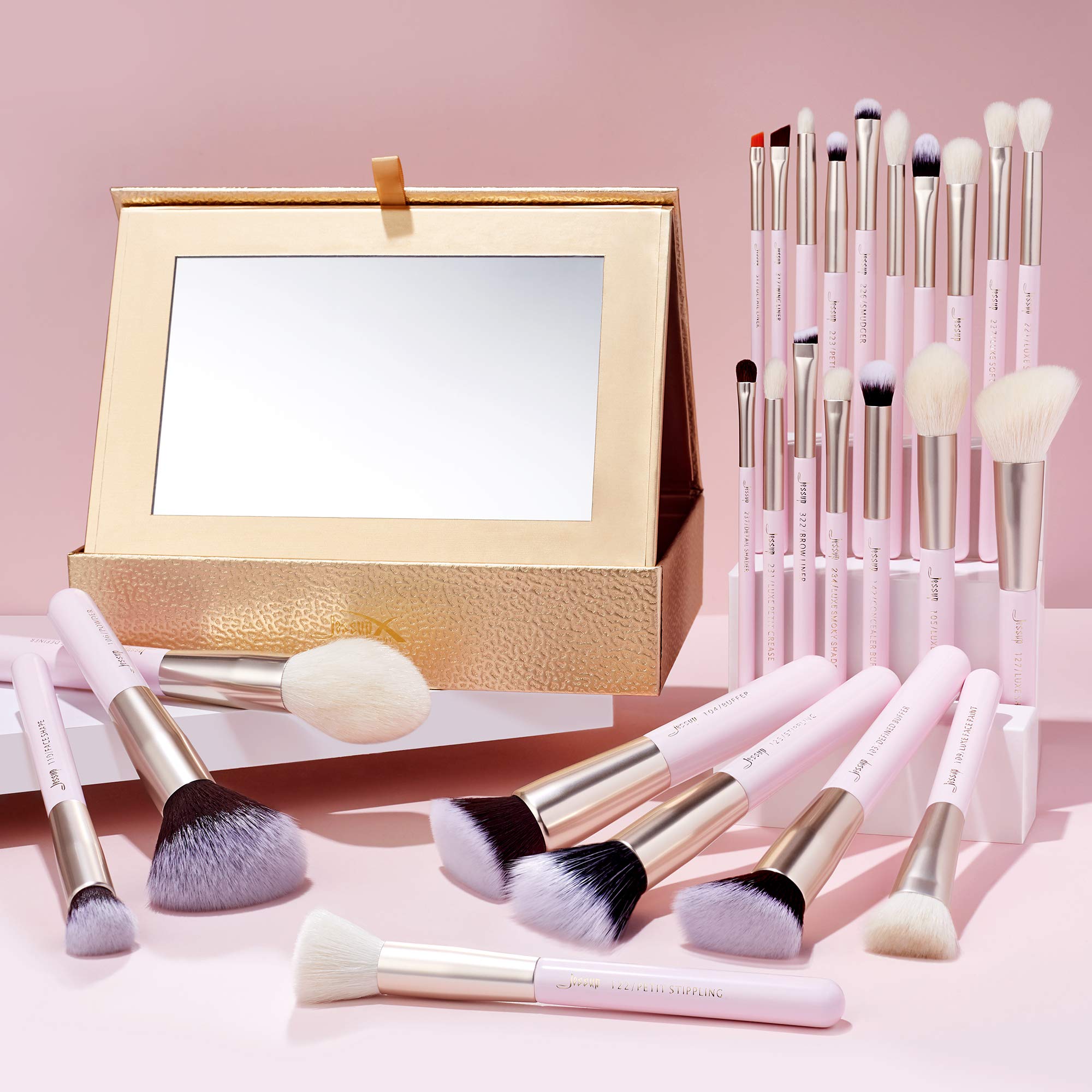 Jessup Lot de 25 pinceaux de maquillage professionnels pour fard à paupières, poudre, fond de teint, blush, anti-cernes avec boîte de rangement pour produits cosmétiques, Blushing Bride T295