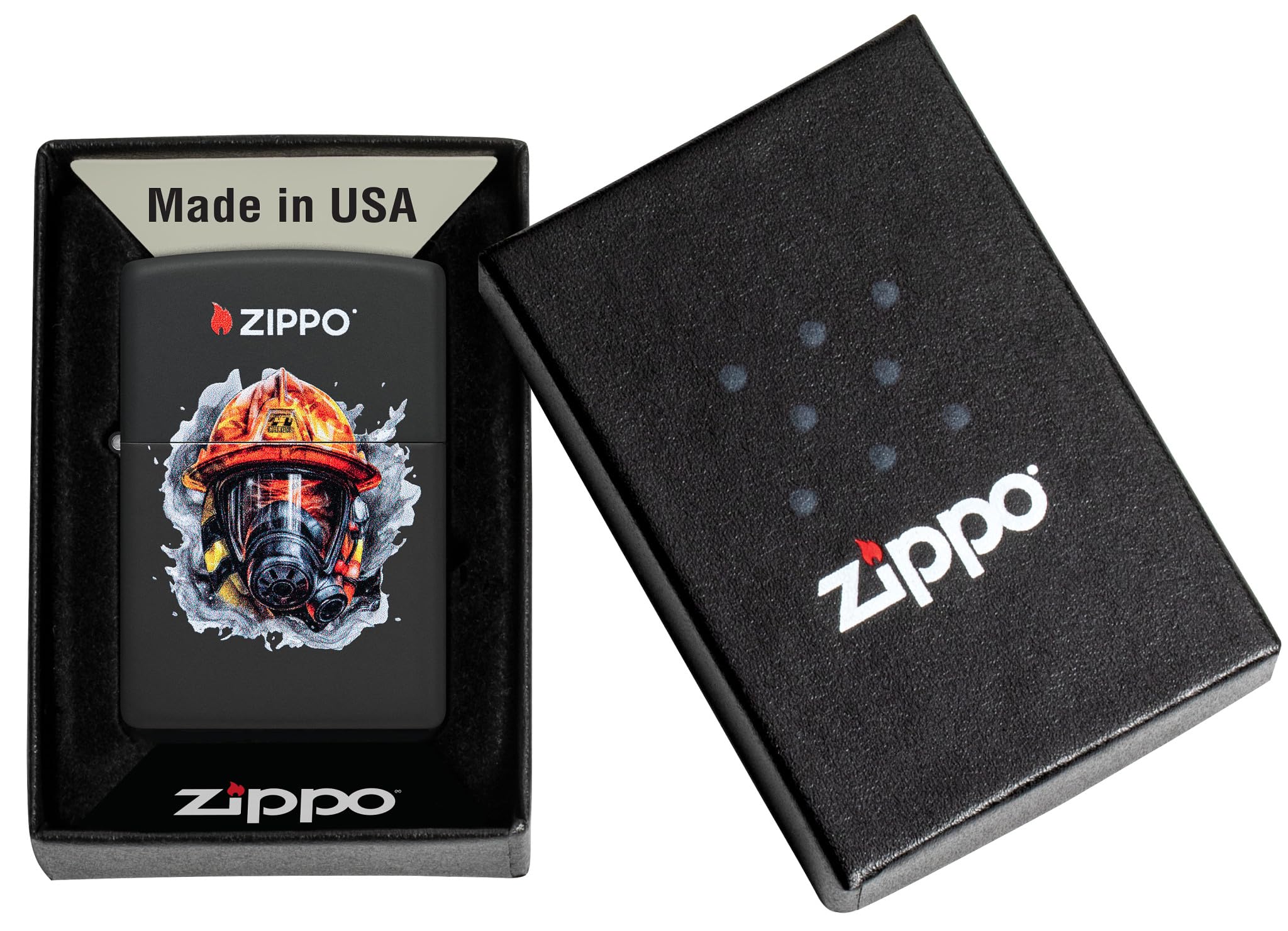Zippo Sturmfeuerzeug - Firefighter Design - Schwarz Matt - Colour Image - Nachfüllbar - Wiederverwendbar - Windfestes Design - Geschenkbox - Made in USA