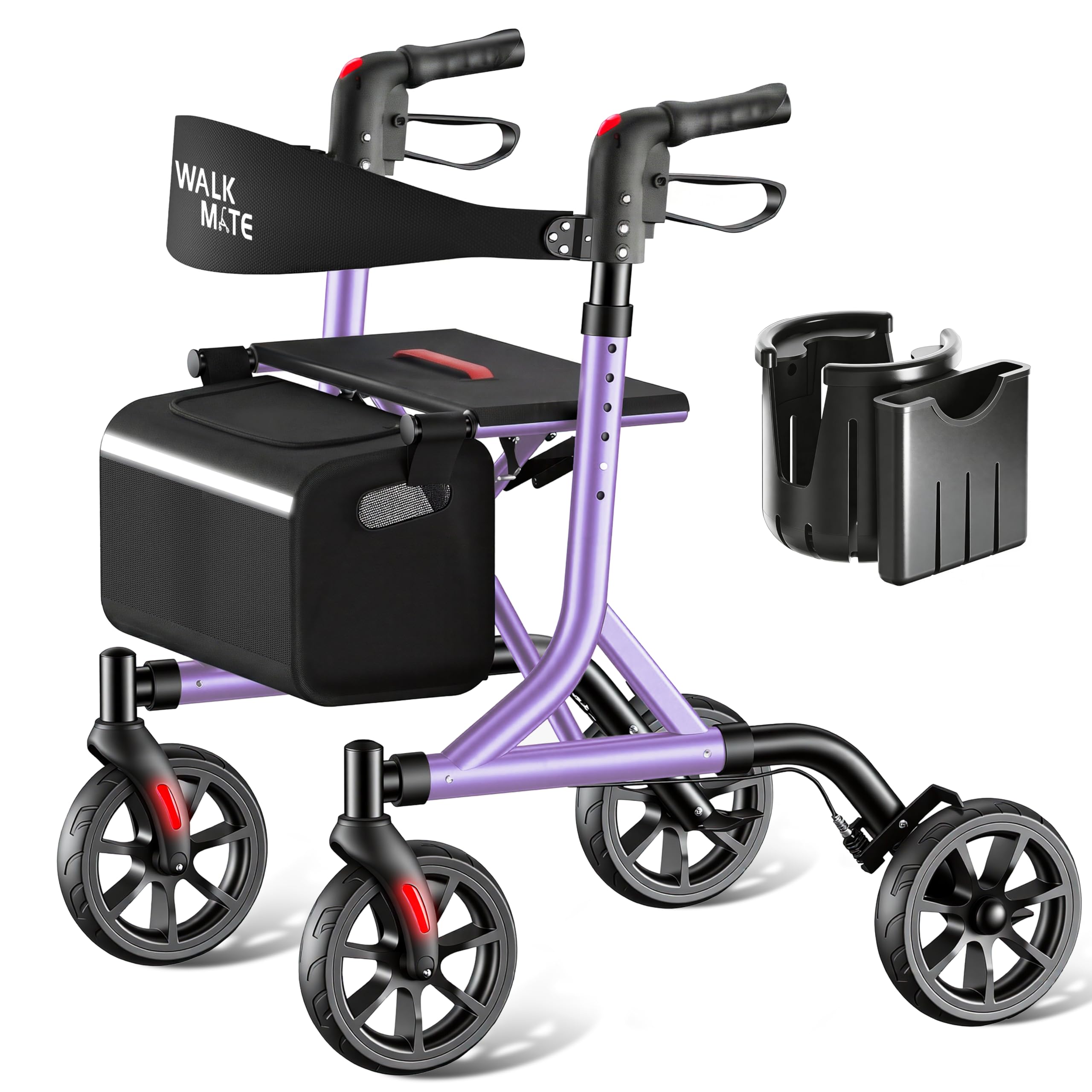 WALK MATE Andador con ruedas para personas mayores con soporte para tazas, botón de presión mejorado para ajustar la altura, ruedas de 4 x 8 pulgadas con asiento respaldo acolchado, plegable, ligera,