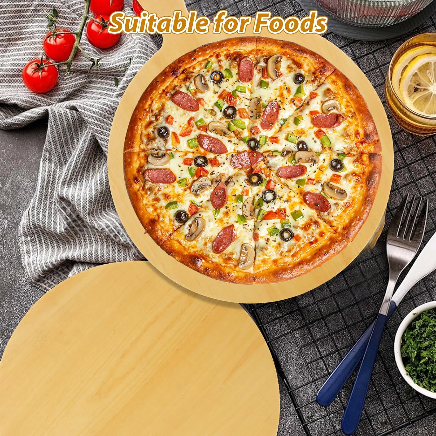 4 Pack Wooden Pizza Peel, 12 Inch Pizza Spatula with Wood Handle Suitable for 12"x12" Pizzas, Round Wooden Cutting Boards for Baking Homemade Pizza, Bread, Cheese, Fruit