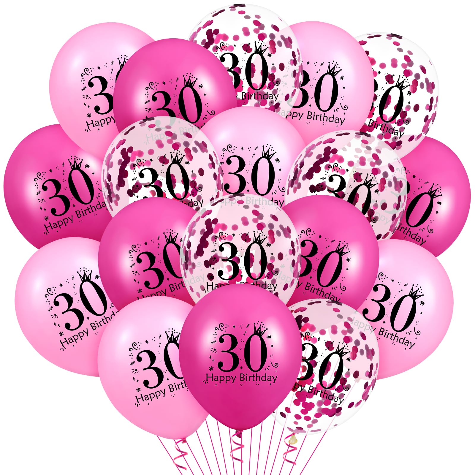 18Pcs 30th Birthday Balloons Pink Happy 30th Birthday Confetti Latex Balloons for Women Her Hot Pink 30 Years Old Bday Anniversary Party Supplies 12 inch