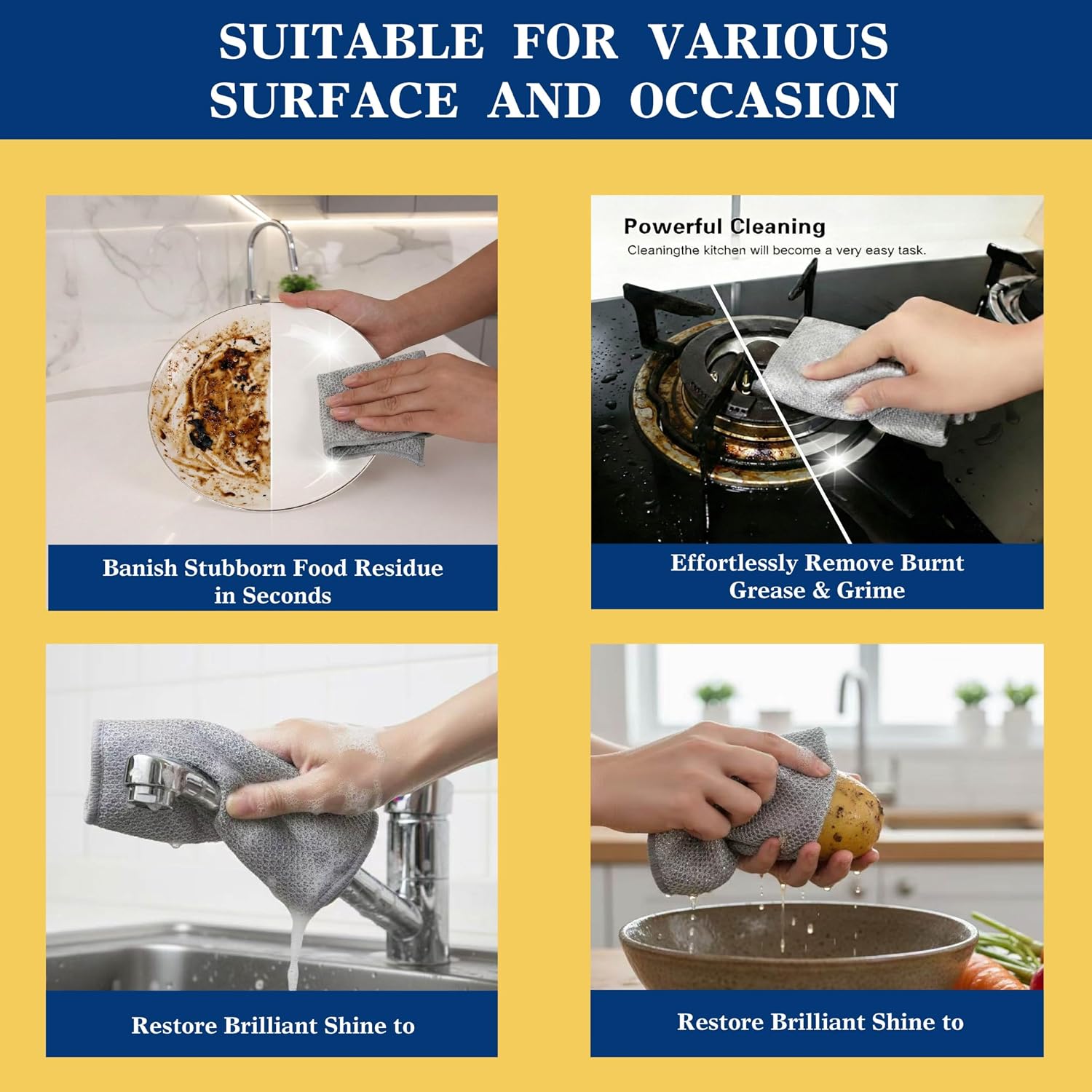 12pcs Scratch-Free Steel Dishcloths. Reusable, Quick-Dry, Odorless. Perfect for Dishes, Sinks, cookware. 7.87"x7.87". (12, Light Gray, Large) (12pcs[Double Layer Silver], 7.87×7.87inch)