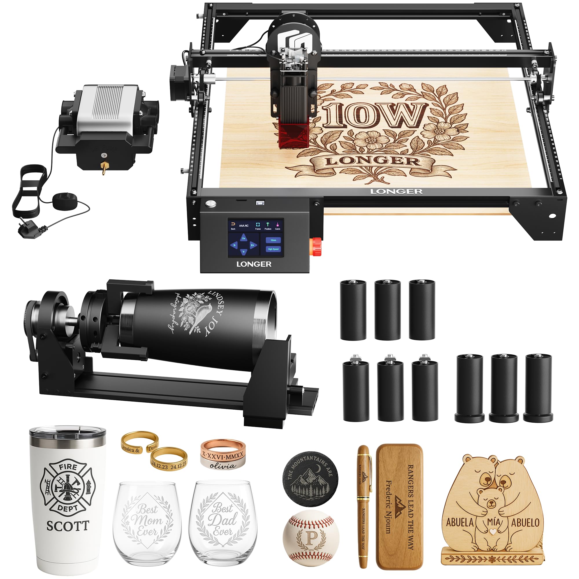 LONGER Laser Engraver Ray5 10000mW Engraver Machine DIY CNC Laser Cutter Tool for Metal Glass Wood Working Area 15.7 "x15.7" with Air Assist Rotary Roller Kit Laser