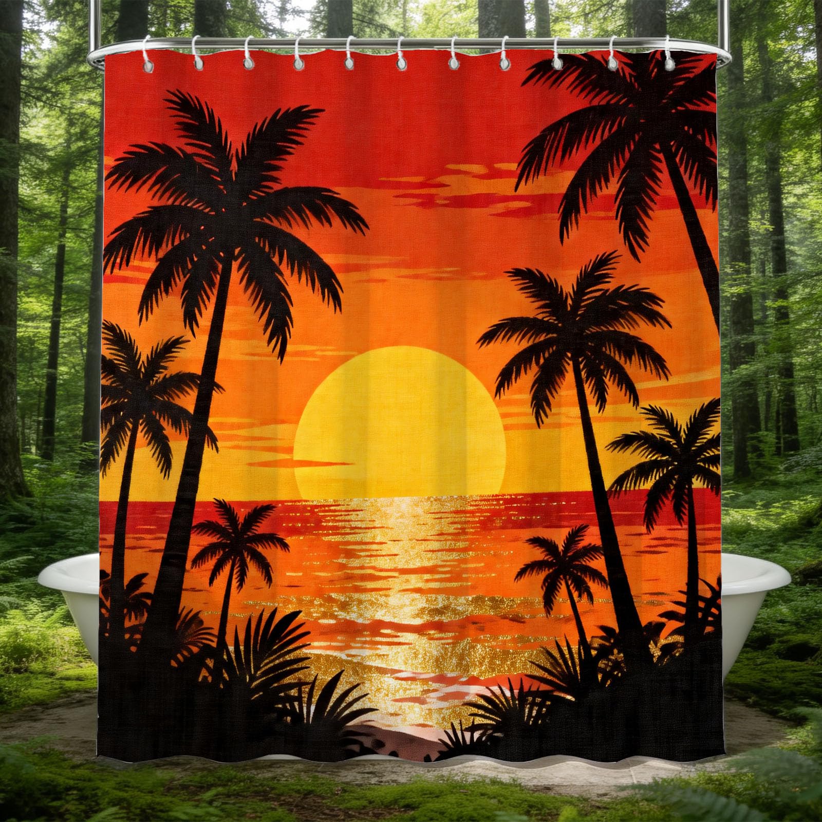 Hongduo 3D Tropical Sunset Shower Curtain for Stalls Bathtubs Ocean Bathroom Decor Shower Curtain Set Polyester Fabric Waterproof 180x200cm/71X79 Inch with Hooks