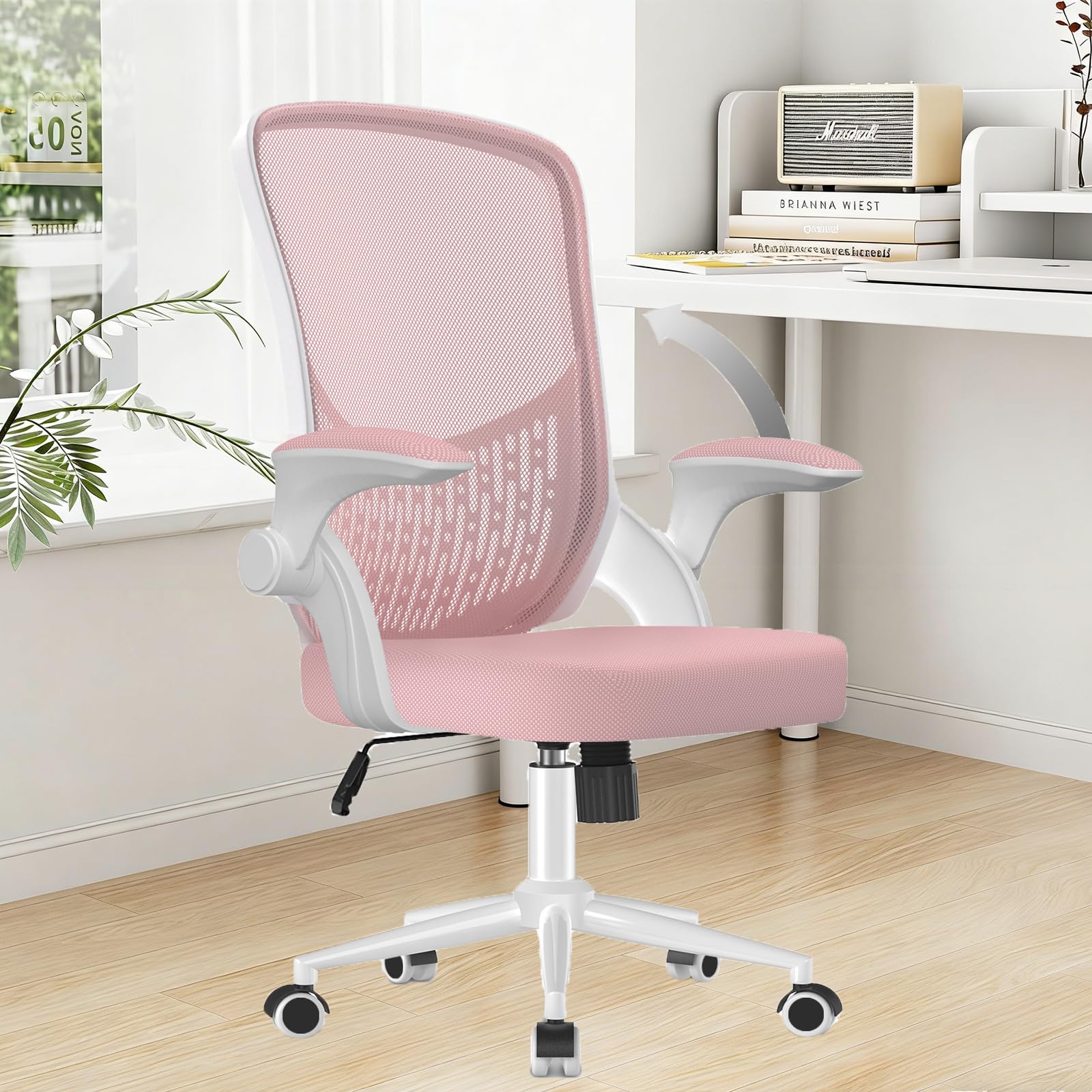 naspaluro Computer Desk Chair with Flip-up Armrests/3D Lumbar Support/Metal Claws, Swivel Mesh Ergonomic Office Chairs, Comfy Study Home Office Chairs, Small Heavy Duty Pink Work PC Chairs & Stools — image 1