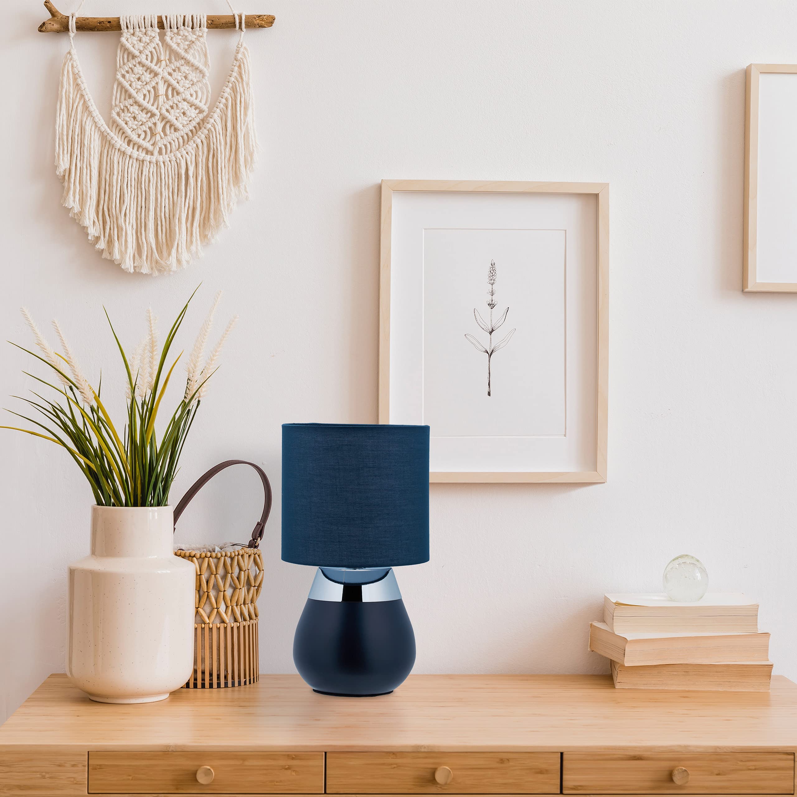 Relaxdays Lampada da Tavolo, Luce Indiretta con Funzione Touch, Abat Jour con Paralume, H x D: 32 x 18 cm, Blu Scuro
