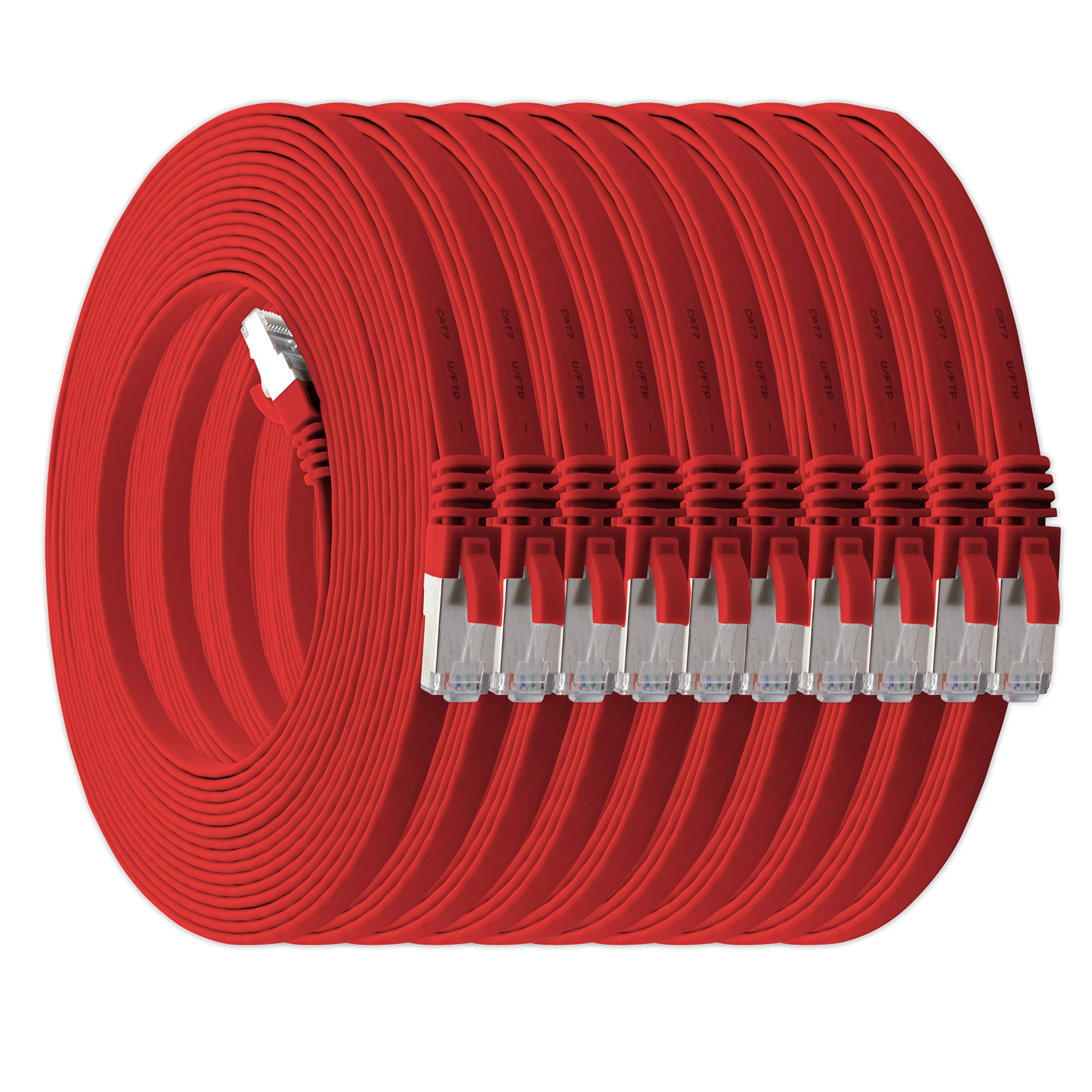 1aTTack.de 3,0 m - rot - 10 Stück Cat7 Flachkabel Netzwerkkabel Cat 7 Rohkabel Gigabit Lan (10Gbit/s) Flachbandkabel Verlegekabel Patchkabel Flach Slim Rj 45 Stecker Cat6a