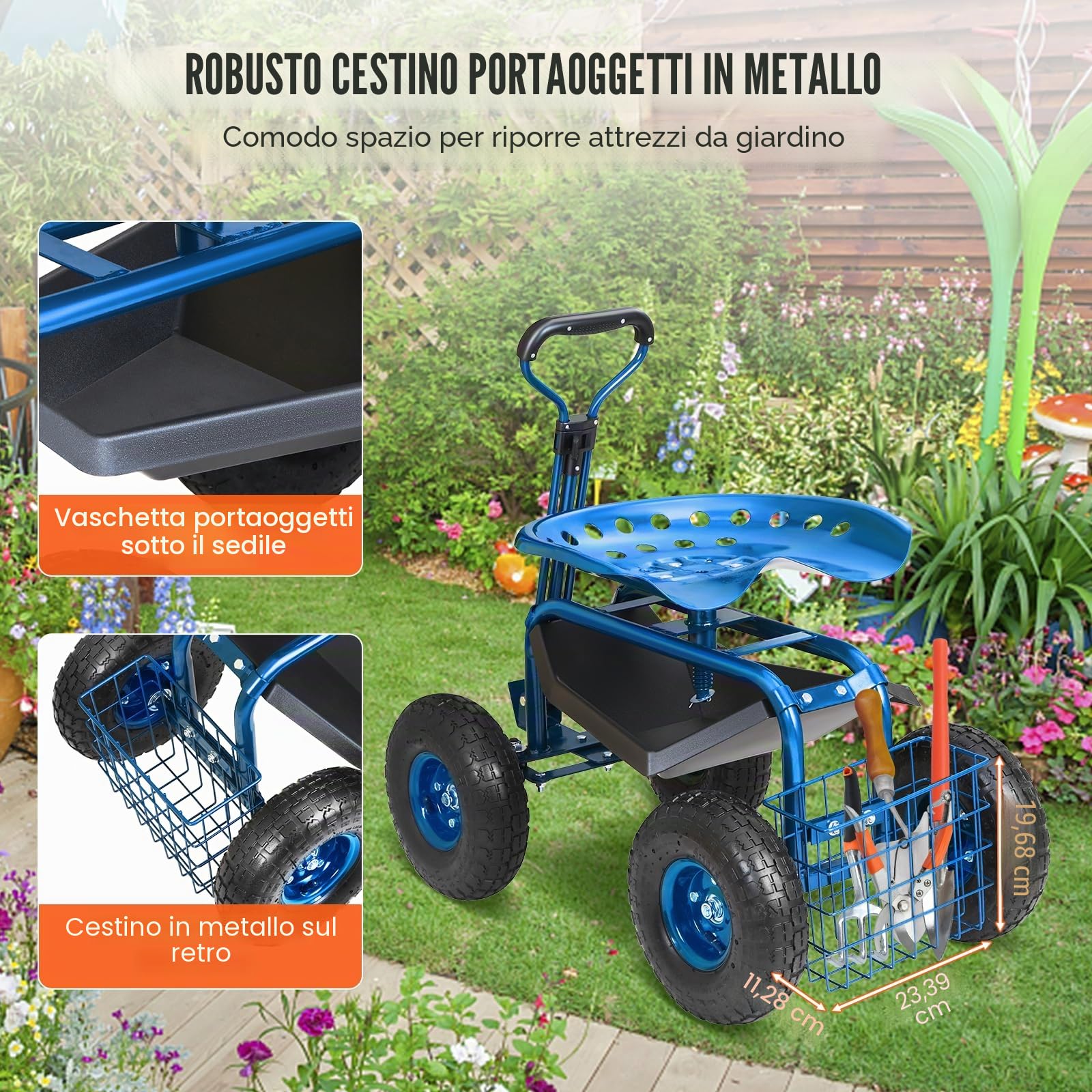 VEVOR Sedile da Giardino a Rotelle Sgabello da Giardinaggio Girevole a 360° su Ruote Gonfiabili Carrello da 25,4cm con Sedile 760x450x960 mm Manico Allungabile Vassoio Porta Attrezzi per Patio Cortile