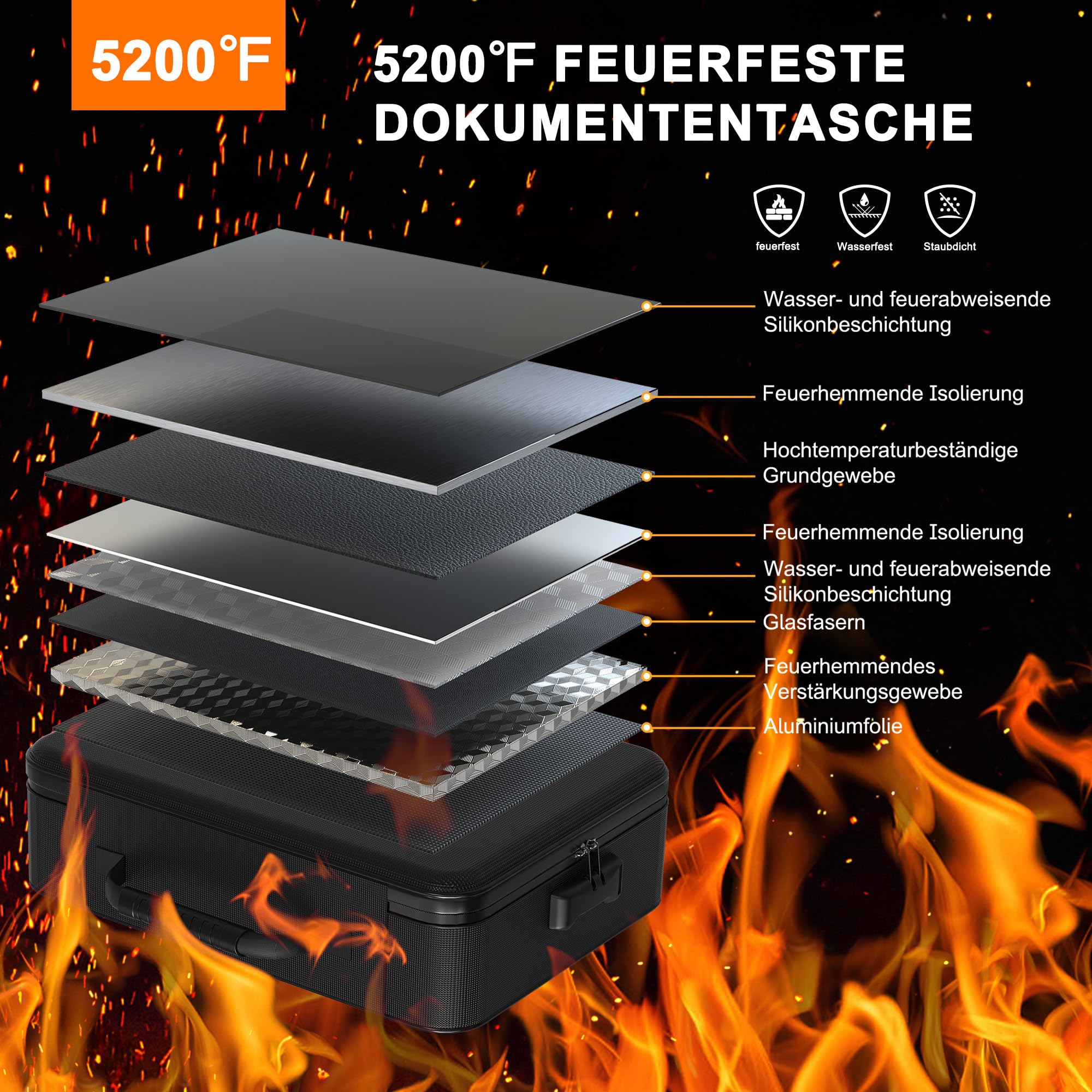 Hontom Cartella portadocumenti ignifuga con serratura per oggetti importanti fino a 2200 °C | Scatola portadocumenti portatile e impermeabile, sicura con 13 scomparti per documenti A4 e documenti