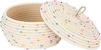 Vista 19 de Sea Team Cesta de almacenamiento redonda de cuerda de algodón con tapa, cesta de almacenamiento tejida con pompones de arcoíris coloridos, maceta