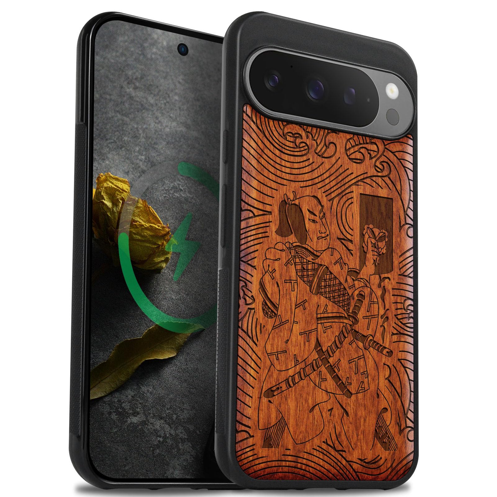 Carveit Cover Compatibile per Pixel 9 Custodia Naturale Legno Ultra Sottile e Morbido TPU Protettiva per Google Pixel 9 Case (Legno nero-La grande onda al largo di Kanagawa