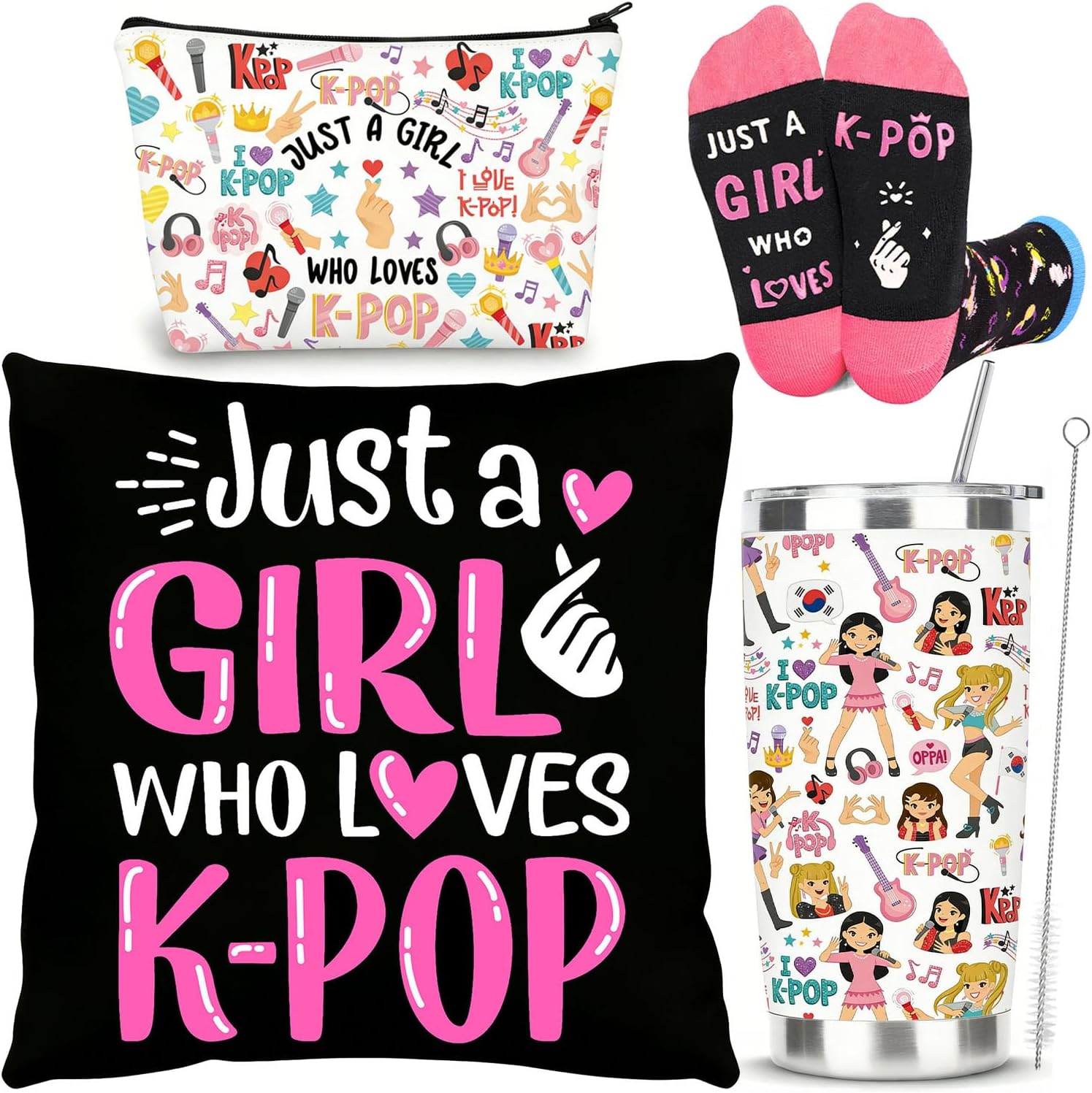 Kpop Gift Set Includes 20oz Tumbler, Throw Pillow Cover, Socks & Makeup Bag Just a Girl Who Loves K-pop Room Decor Birthday Gifts for Kpop Music Fans (Black)