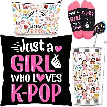 Kpop Gift Set Includes 20oz Tumbler, Throw Pillow Cover, Socks & Makeup Bag Just a Girl Who Loves K-pop Room Decor Birthday Gifts for Kpop Music Fans Black
