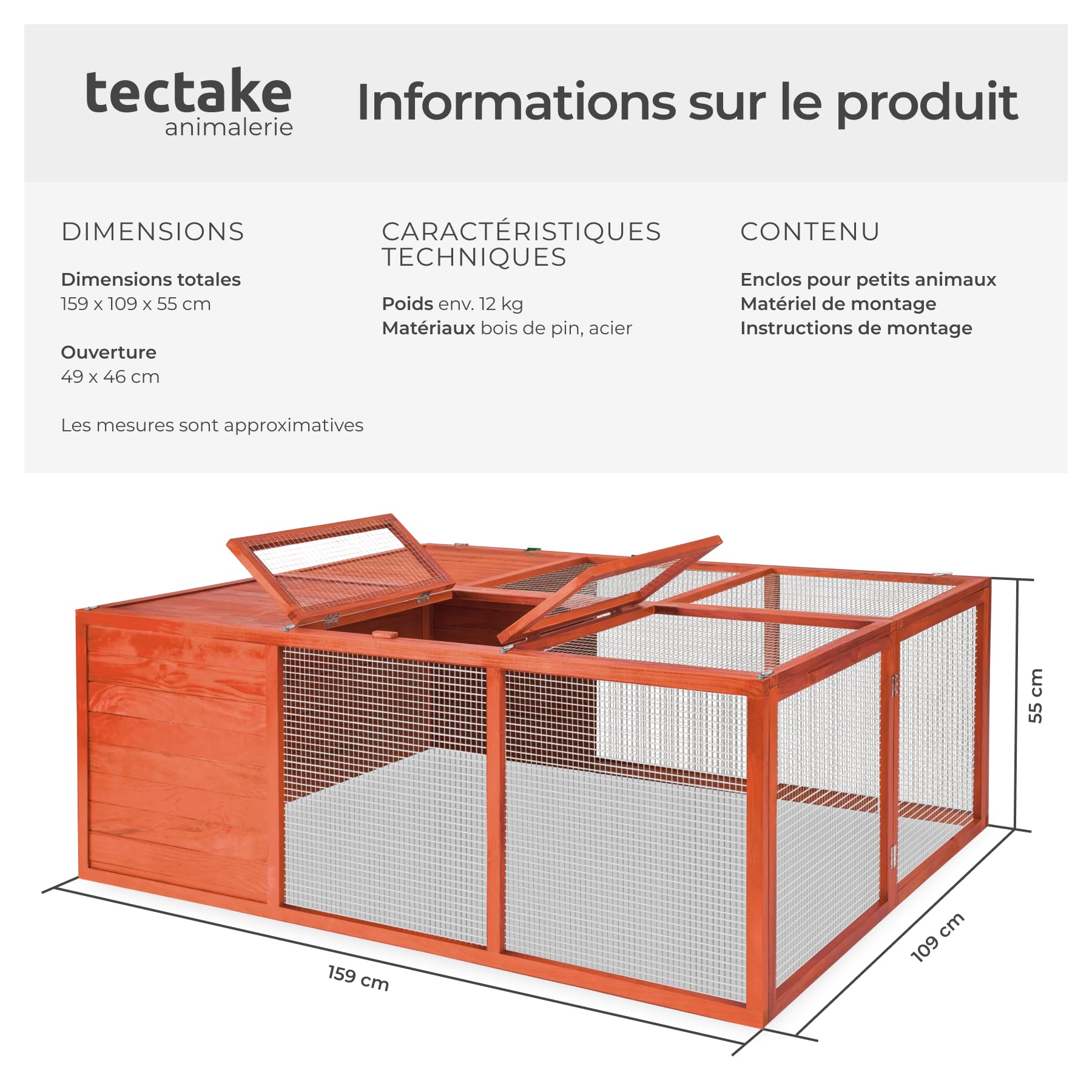 tectake® Clapier Lapin Exterieur Cage Cochon d'Inde Cage Lapin & Autres rongeurs Parc Pliable 159 x 109 x 55 cm en Bois imperméable avec Parc XXL au Sol sans Fond Toit ouvrant Grille Solide