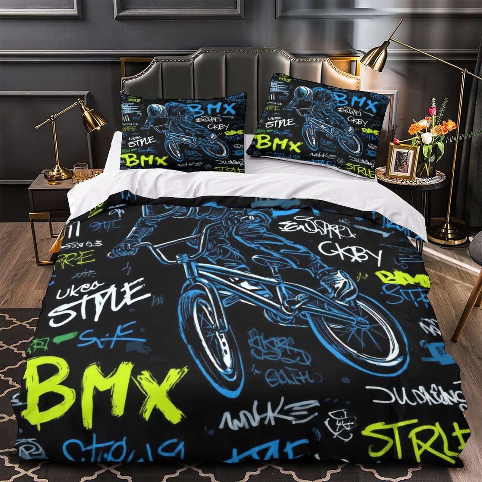Housse de Couette BMX Imprimée 3D Graffiti Microfibre Décor Chambre Ensemble de Literie BMX Graffiti pour Ados Doux Respirant Cadeau Dortoir King（220x240cm）