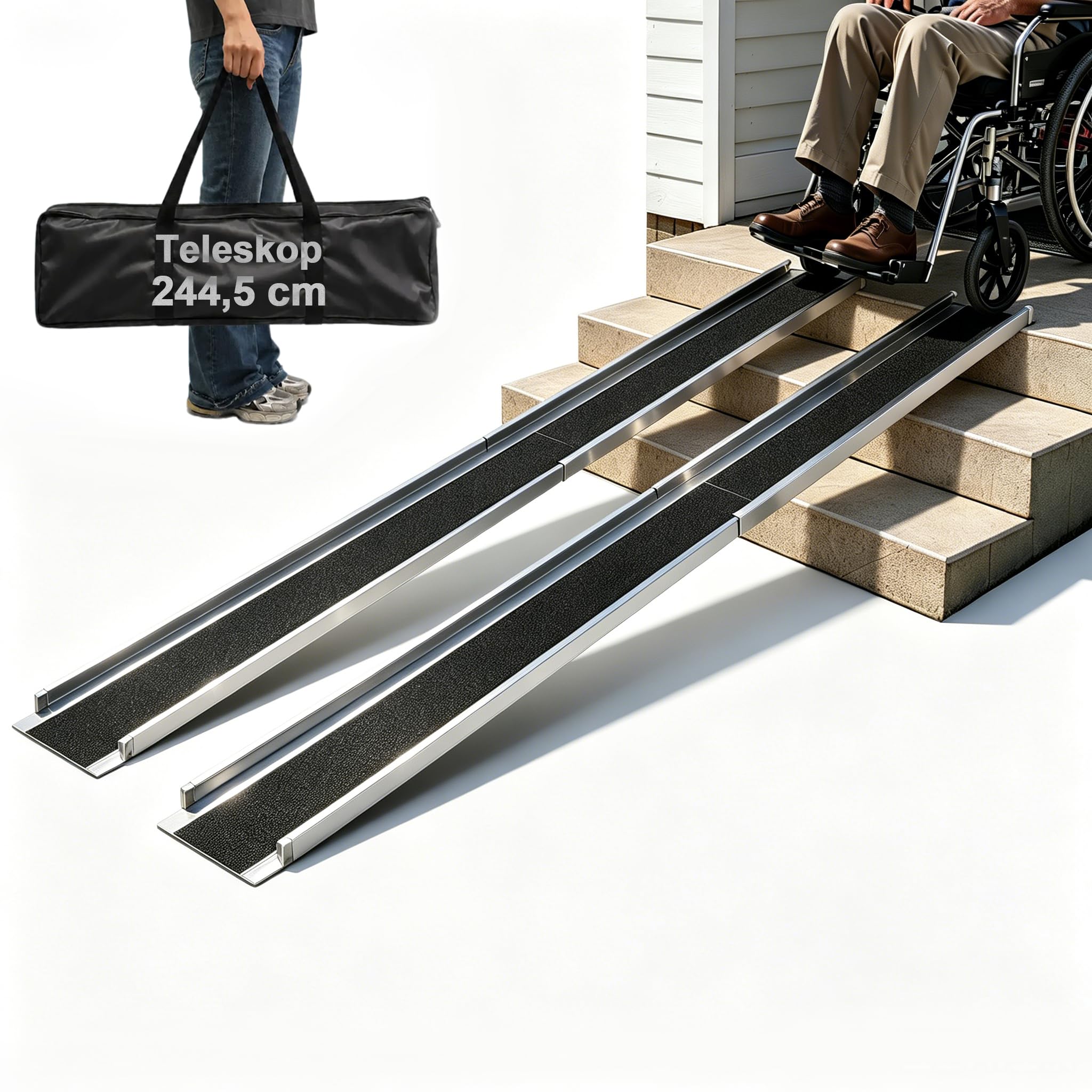 LIEKUMM Set di 2 rampe per sedia a rotelle, in alluminio, estensibili da 136,5 a 244,5 cm, portata 300 kg, rampa di carico per sedia a rotelle, rampa soglia per bagagliaio, scale, sedia a rotelle