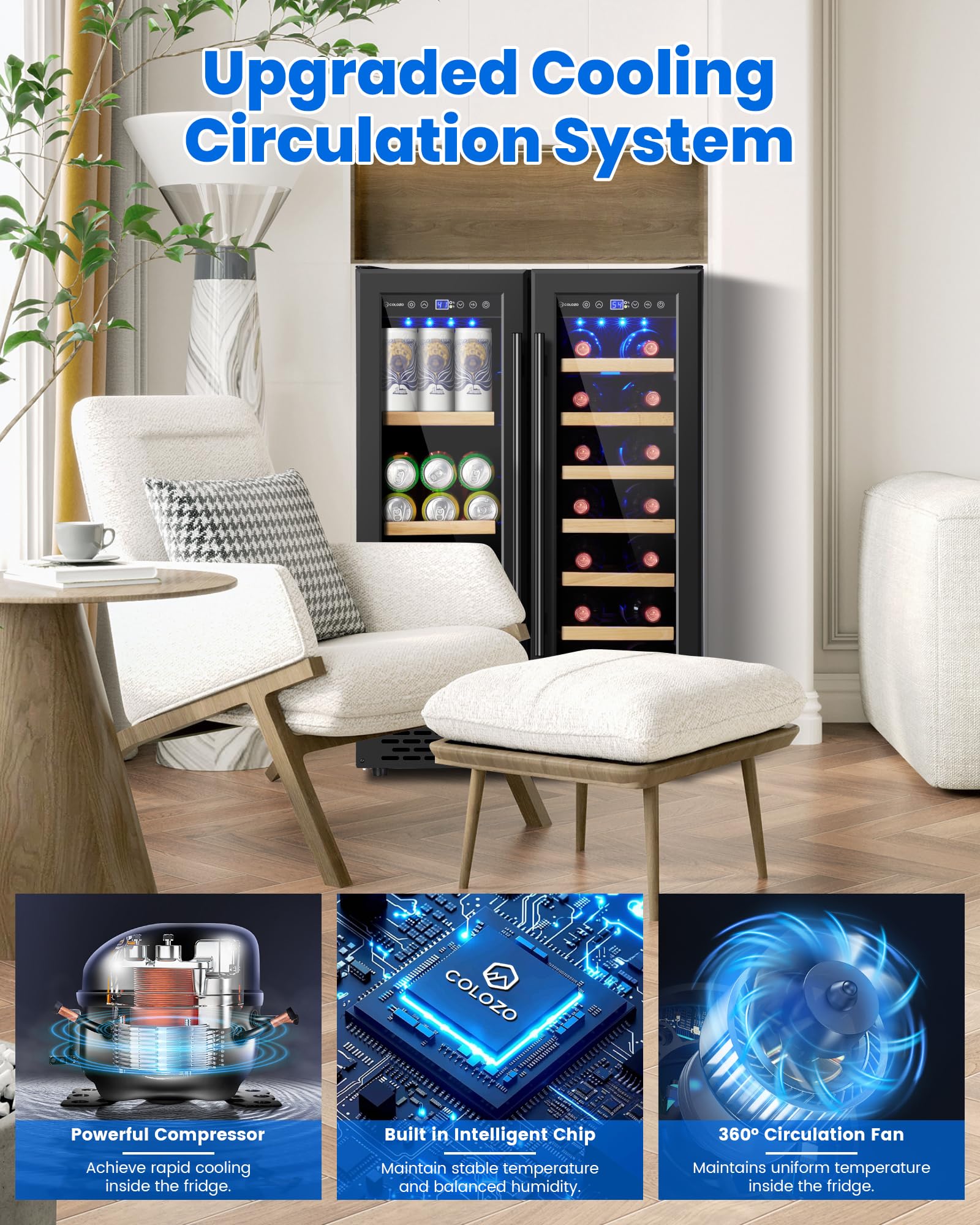 Colzer Wine & Beverage Refrigerator Under Counter, 24 Inch Black Freestanding Wine Fridge With Wooden Shelves, Glass Door&Lock Beverage Cooler-20 Bottles & 88 Cans For Kitchen/Bar/Commercial on Fridge.com - View 5