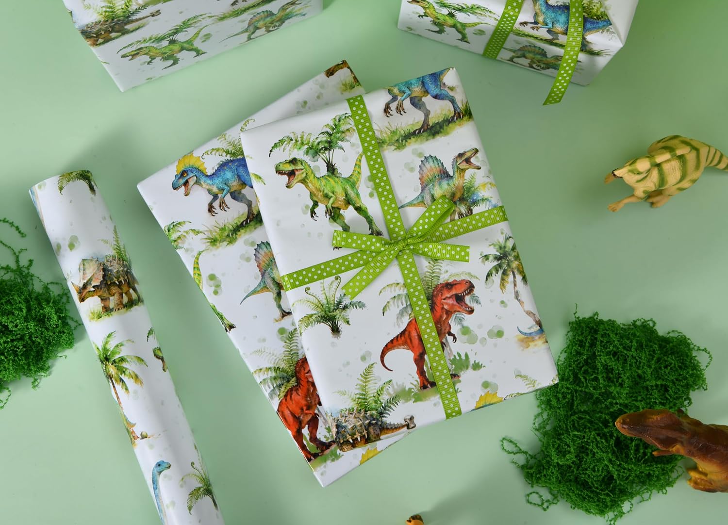 Sikiweiter Dinosaur Wrapping Paper Roll - Watercolor Dino & Palm Tree Design - 17 inch x 16.5 feet(Dinosaur)