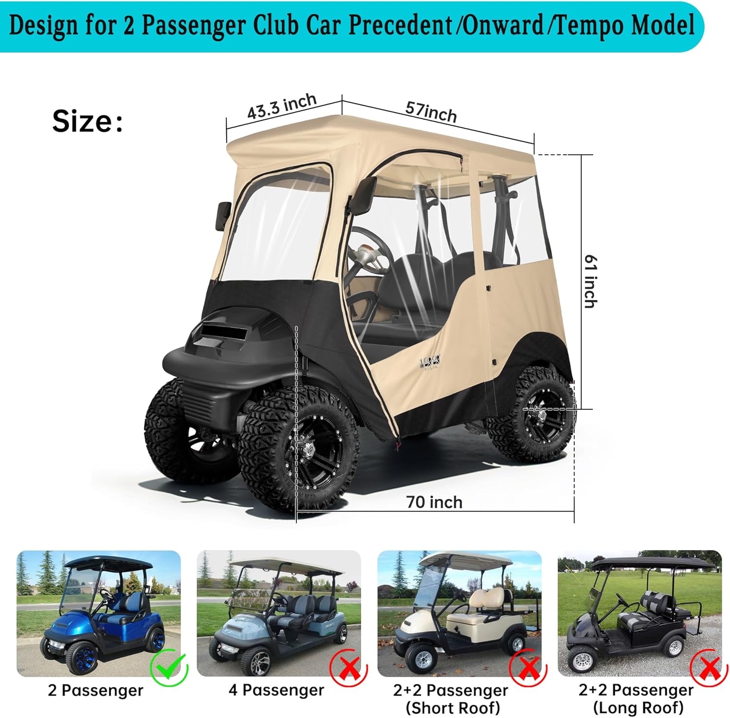 10L0L 2 Passenger Golf Cart Driving Enclosure for Club Car Precedent/Onward/Tempo, 4-Sided Clear Window 600D Rain Cover All Weather Windproof Waterproof