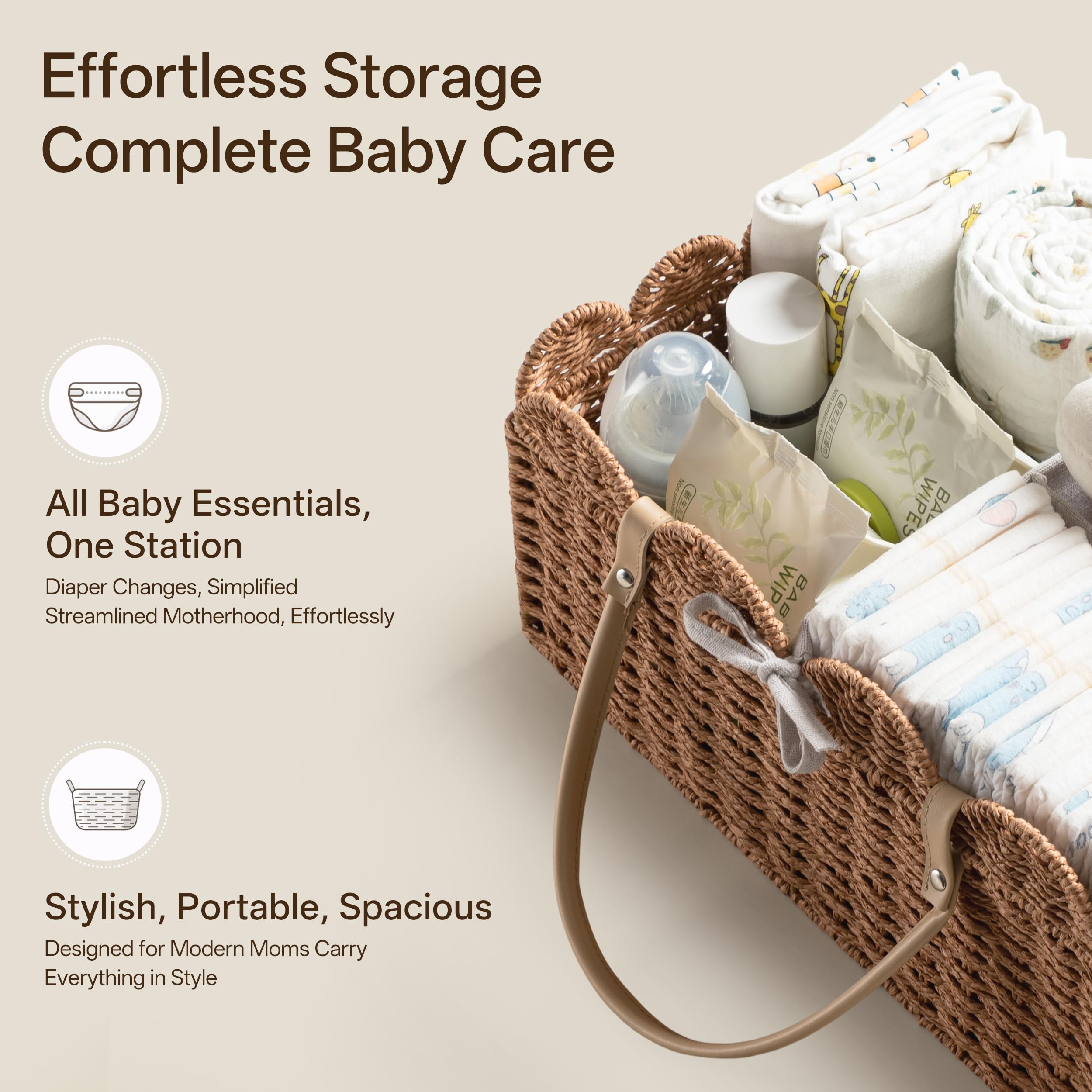 HBlife Grand panier à couches pour bébé, panier de rangement en corde de papier avec séparateur amovible, organiseur portable de voiture pour couches, cadeaux de fête prénatale, essentiels pour