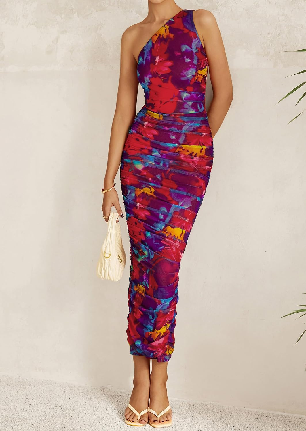 PRETTYGARDEN Women's One Shoulder Bodycon Dresses Summer 2026 Ruched Floral Beach Cocktail Wedding Guest Dress - Image 4