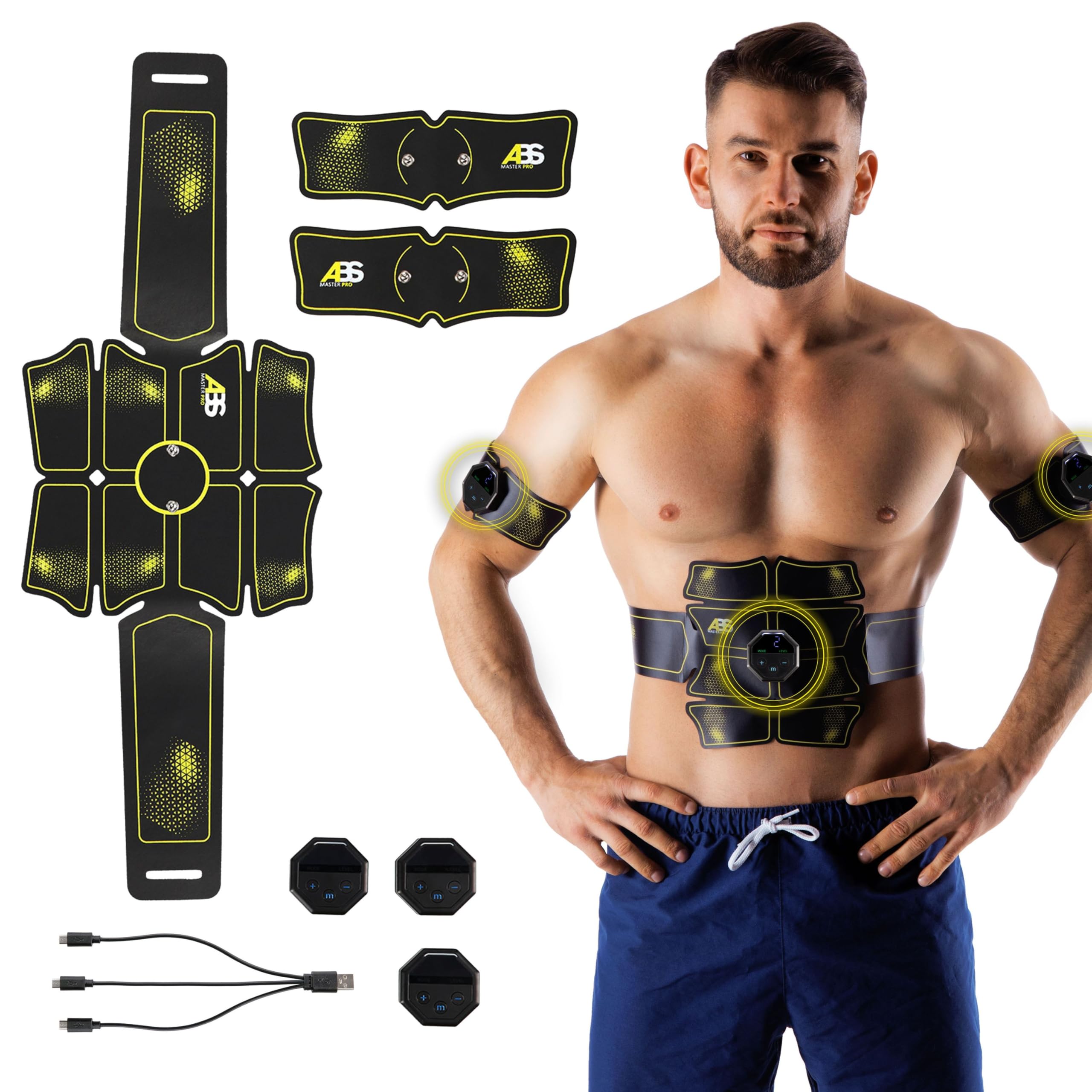 ABS Master Pro Super EMS Bauchmuskeltrainer Set | Elektrischer Muskelstimulator mit 3 Gürteln | 10 Programme & 20 Intensitätsstufen | Muskelaufbau, Regeneration & Massage | Für Damen & Herren