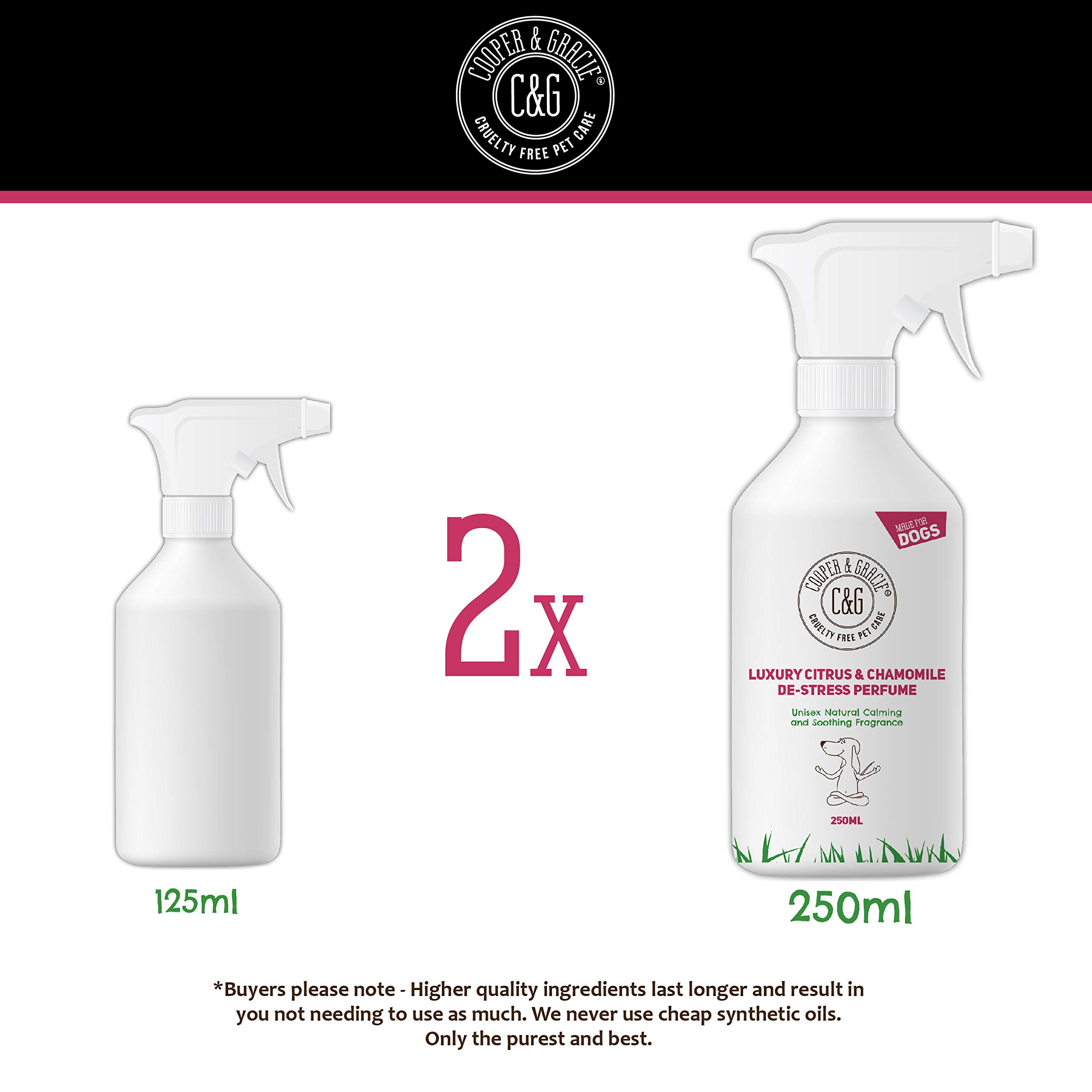 C&G Pets | De Stress Perfume Spray pour chien 250 ml | Parfum pour chien | Eau de Cologne pour chien pour calmer les chiots nerveux et anxieux | Huiles essentielles d'agrumes et de camomille et de
