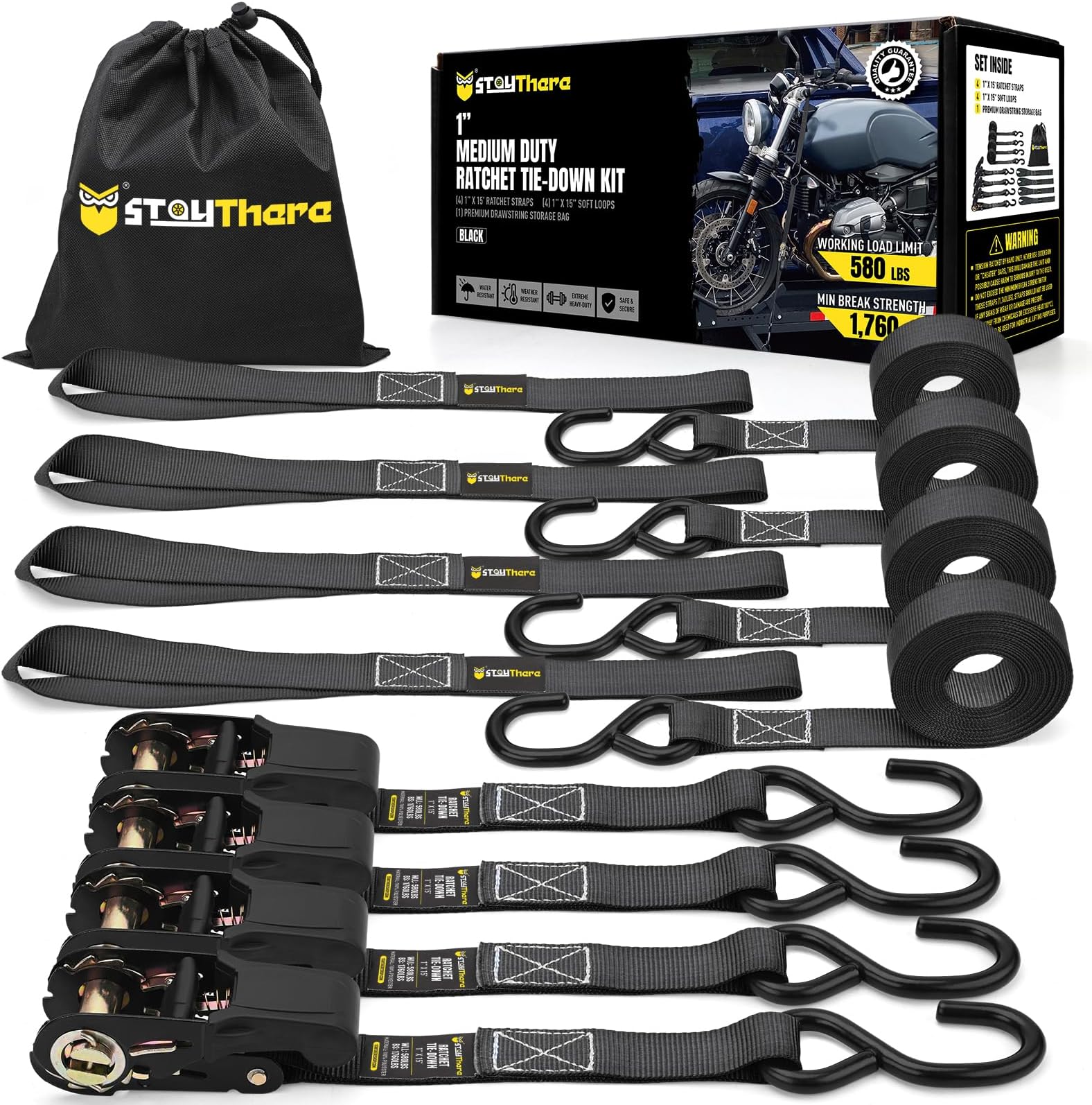 Stay There Ratchet Tie Down Straps 1'' x15', Ratchet Straps with S Hook - 1760lb Break Strength for Securing Motorcycle, Kayak, Truck with Rubber Handles, A Sturdy Bonus Bag & 4 Soft Loops Included