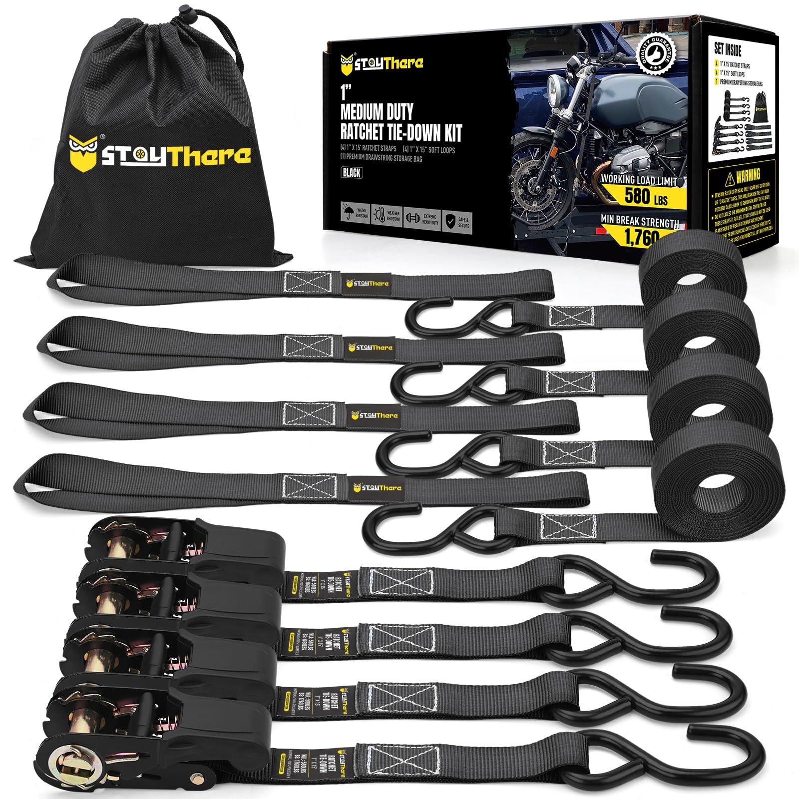 Stay There Ratchet Tie Down Straps 1'' x15', Ratchet Straps with S Hook - 1760lb Break Strength for Securing Motorcycle, Kayak, Truck with Rubber Handles, A Sturdy Bonus Bag & 4 Soft Loops Included