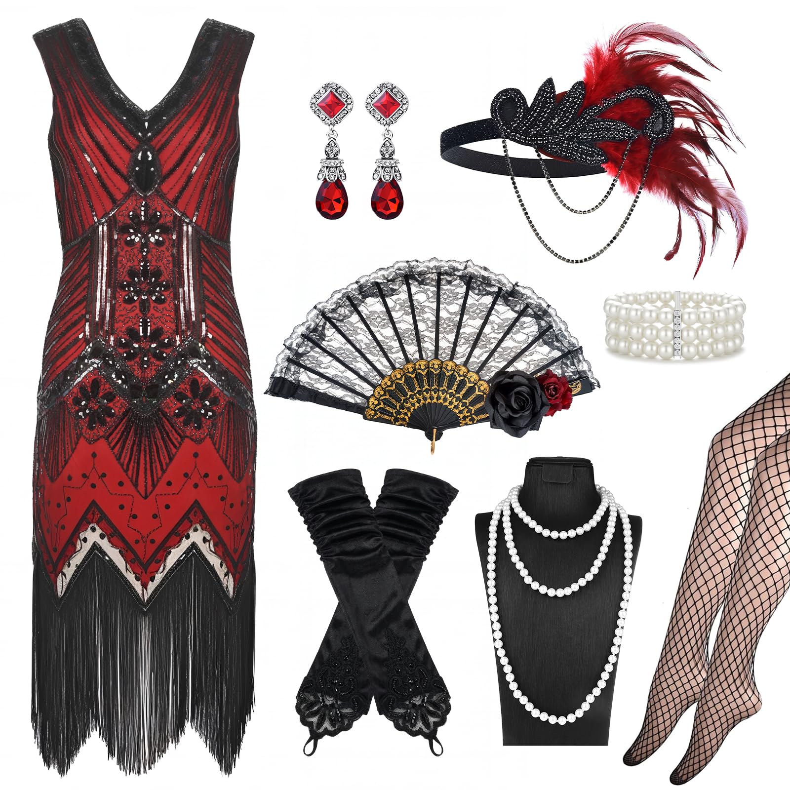 Oerphh 1920s Flapper Great Gatsby Accessories Set,Claret Roaring 20's Theme Set with Sequin Fringed Dress Red Rose Fan Headband Gloves Necklace Handheld Prop for Women Ladies (red, XXL)